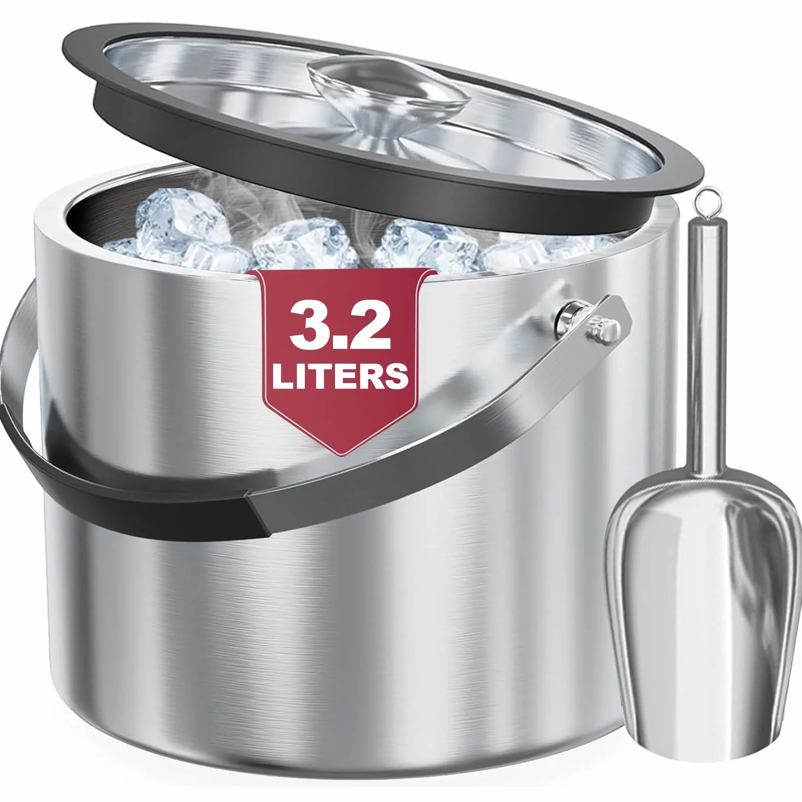 3,2L Eiswürfelbehälter mit Deckel Schaufel-Edelstahl Eiskübel Doppelwandiger Isolierter Eisbehälter für Eiswürfel Ideal zum Kühlen von Bier Champagner Wein und Obst