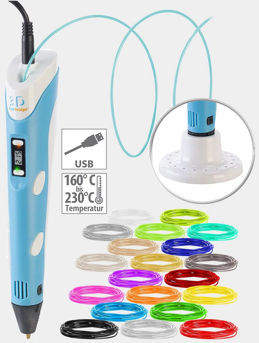 FreeSculpt 3D Druckstift: 3D-Drucker-Stift, USB-Stromversorgung, inkl. 20 PLA-Filamente (Printing Pen, Stift Kinder, wie)