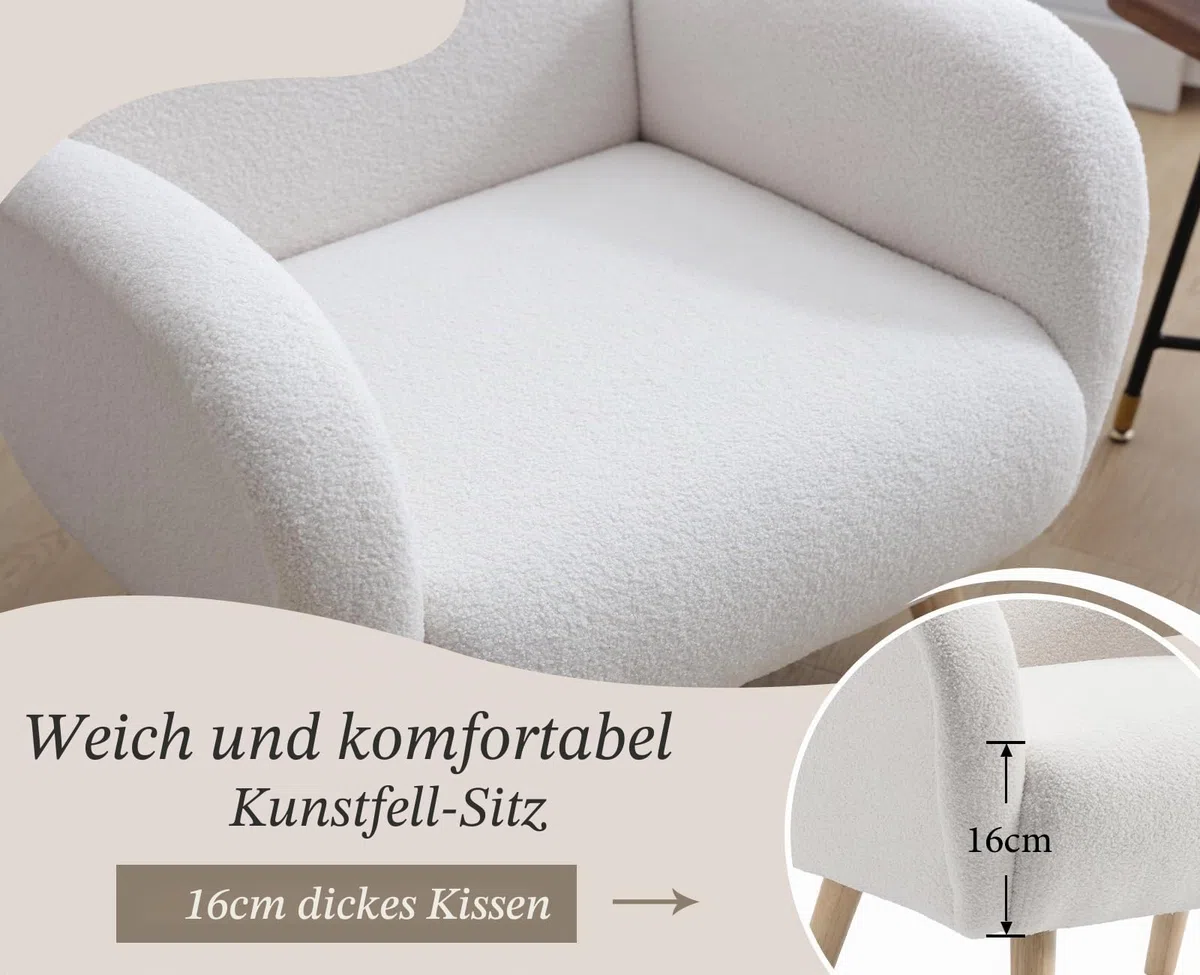 chairus Kunstfell Loungesessel Ohrensessel für Wohnzimmer Polstersessel Einzelsofa für Schlafzimmer Akzentstuhl Relaxsessel mit Holzbeinen (Weiß)