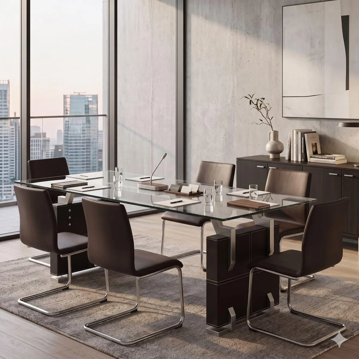 Jet-Line Besprechungstisch Verona Konferenztisch 240 x 120 x 76 cm Schwarz mit Glasplatte aus Sicherheitsglas Kunstlederüberzug Edelstahl Gebürstet