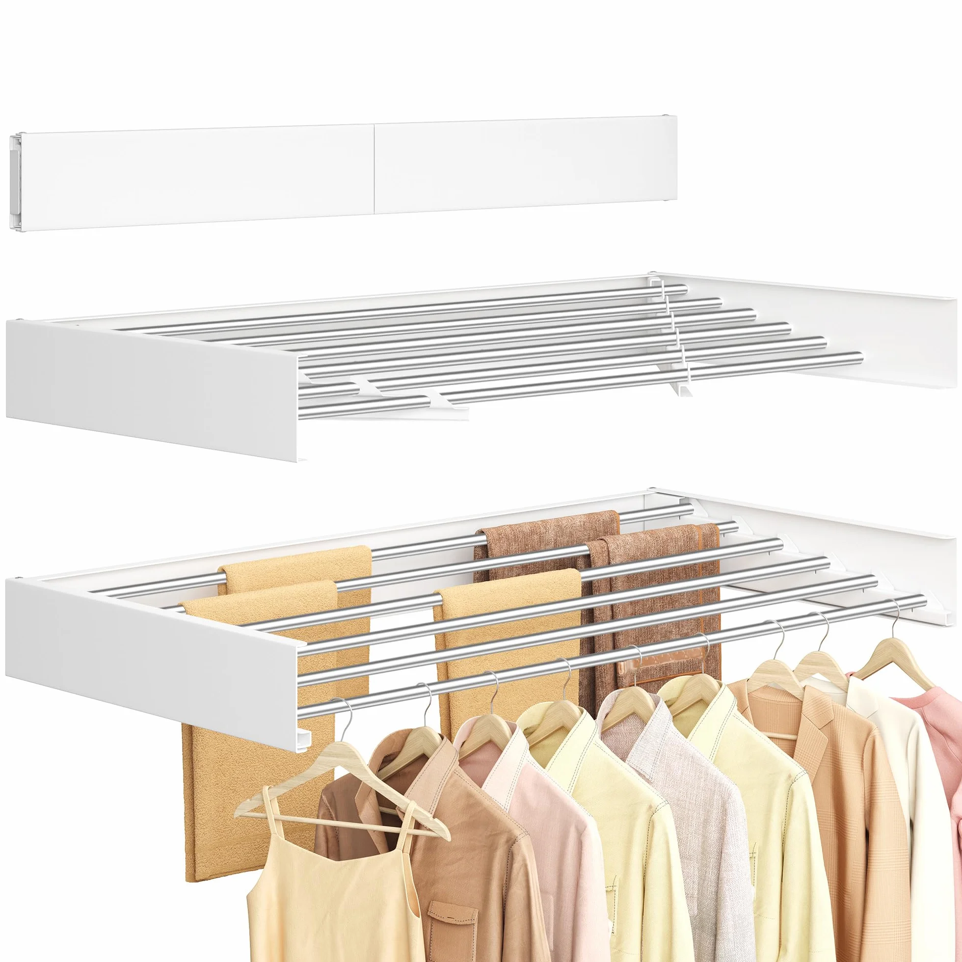SONGMICS Wäscheständer Wandmontage, Wäschetrockner klappbar 6 Stangen, Wandwäschetrockner ausziehbar, Wandtrockner platzsparend, Bohrschablone, für innen, außen, 100 cm, mattweiß LLR810WE01