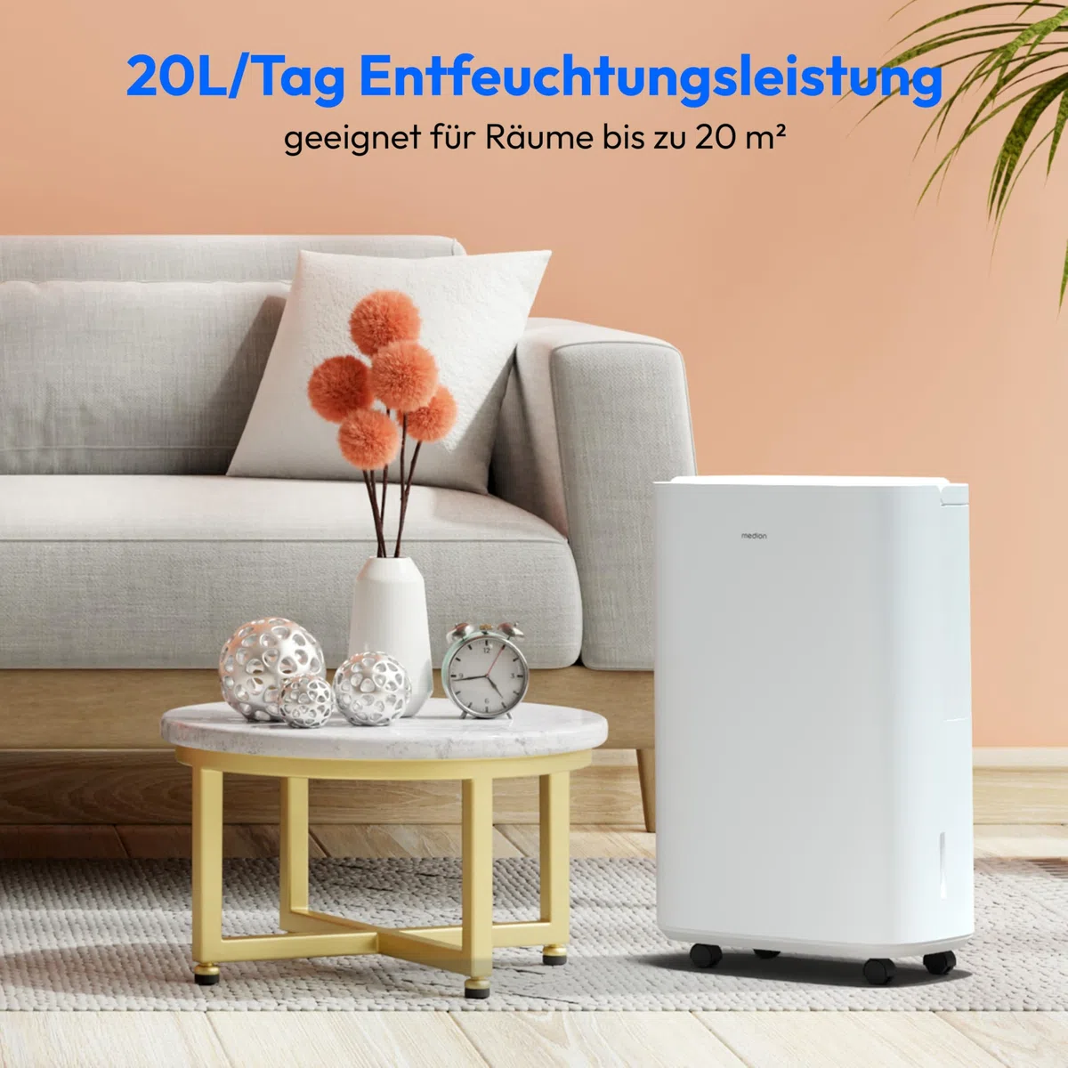 MEDION DH20 Luftentfeuchter elektrisch (bis zu 100m³ (20m²), 20Liter/24h, 43db leise, elektrischer Raumentfeuchter, Normalbetrieb, Wäschemodus, Ventilatorbetrieb, Timer, Bodenrollen, Entfeuchter)