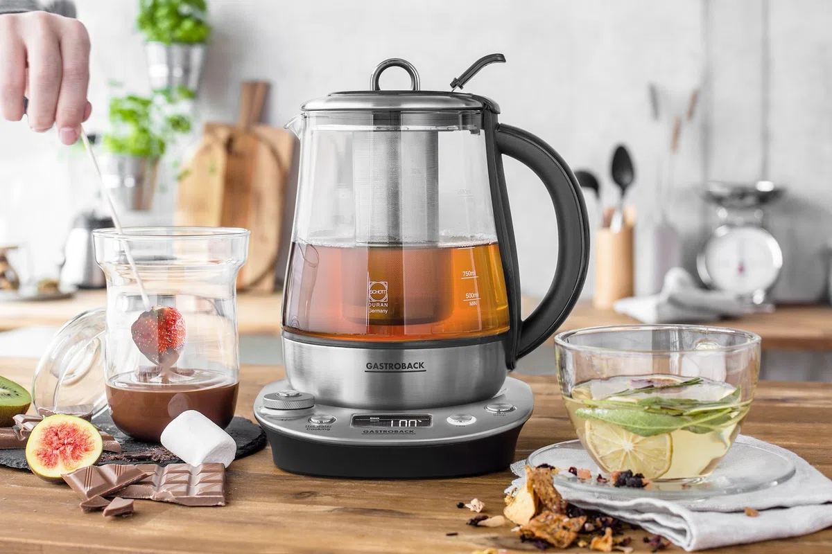 Gastroback 42438 Design Tea and More Advanced Automatischer Teekocher und Wasserkocher, Multifunktionsgarer, Edelstahl/Glas
