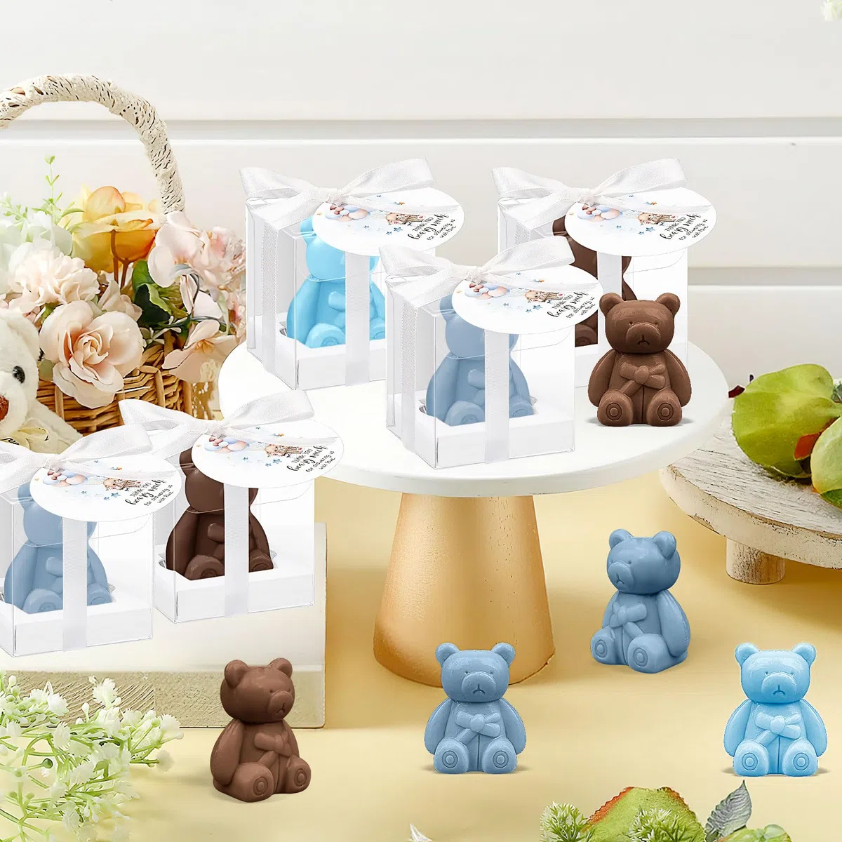 36 Stück Bären Seife Babyparty Gastgeschenke, Mini Baby Shower Bärenseife mit Geschenkbox Dankeskarten, Kleine Duftend Seife für Jungen Mädchen Gender Reveal Taufe Gäste Mitgebsel, Blau & Braun