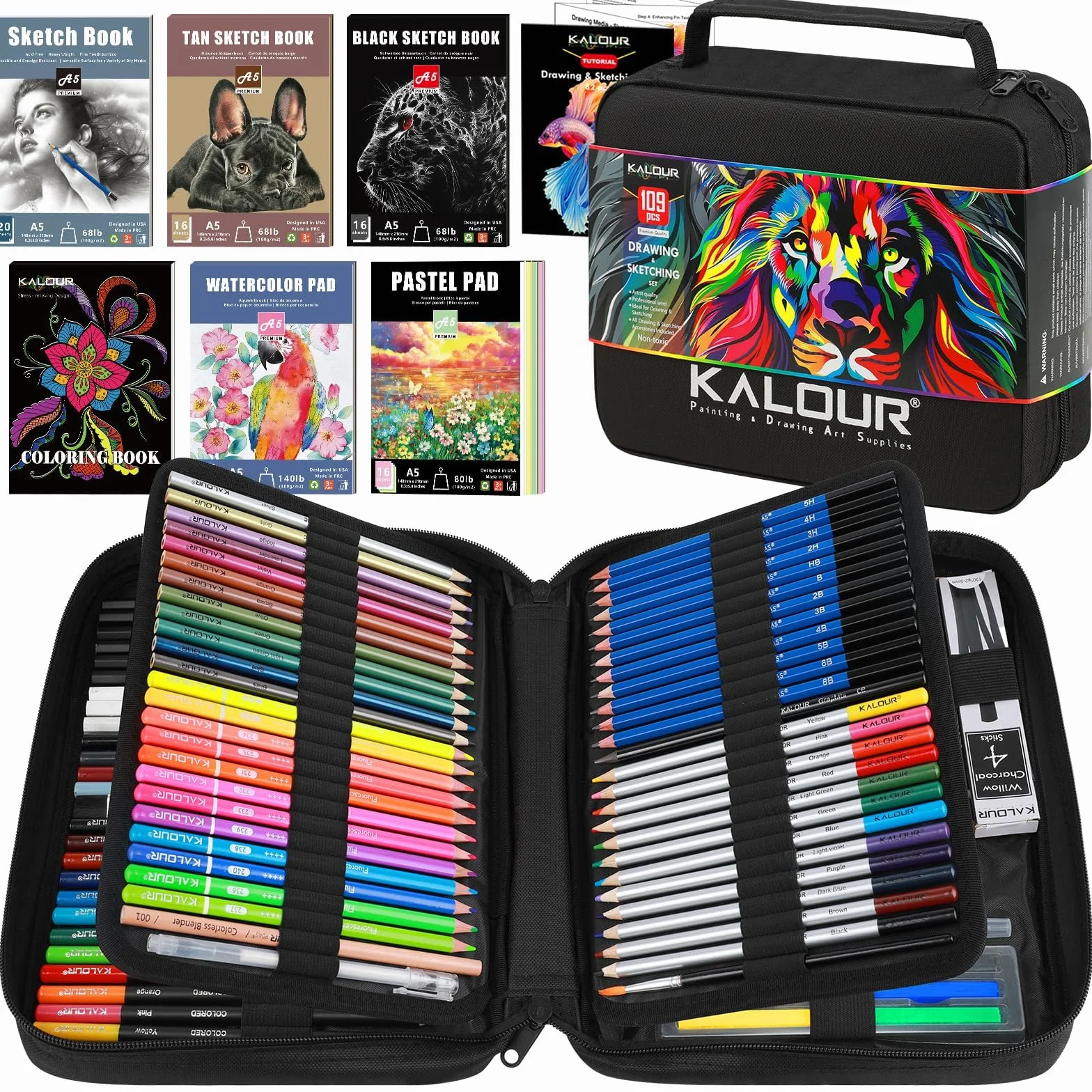 KALOUR PDAS 109 Zeichen Set Skizzenset, Pro Kunstbedarf mit Neon-, Farbstiften, Aquarell-, Metallic-, Graphit- und Kohlepenseln, 6 Skizzenbüchern und Malbuch, Geschenk für Erwachsene, Teenager
