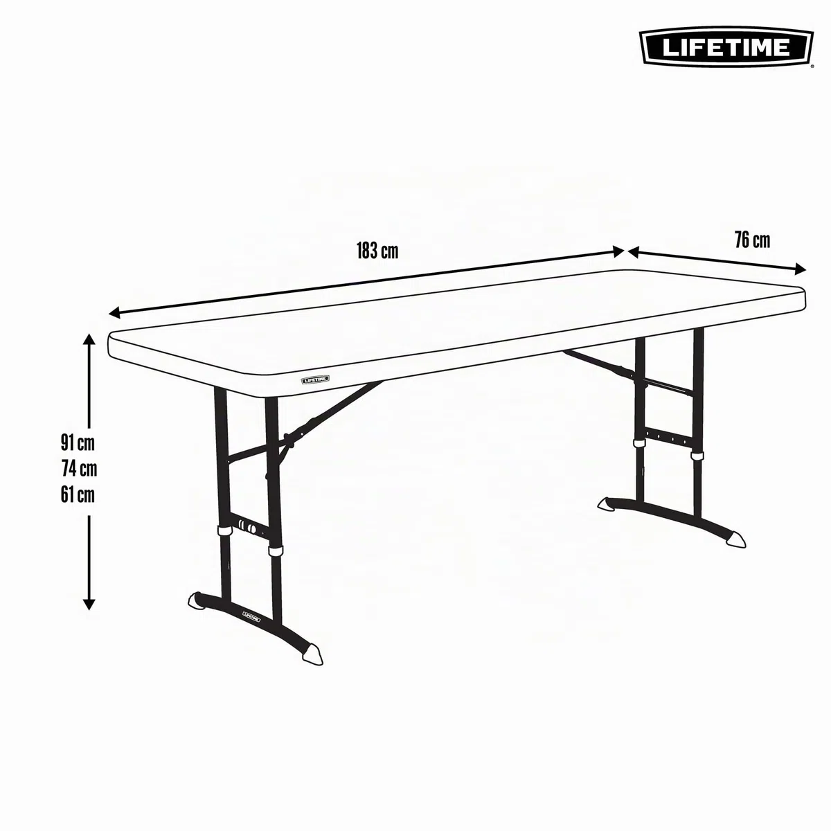 Lifetime 92123 – Ultra-robuster, quadratischer, tragbarer, zusammenklappbarer Catering-Tisch | Maße 183 x 76 cm, höhenverstellbar | Gewicht 15 kg, langlebig und widerstandsfähig | Kapazität 6 Personen