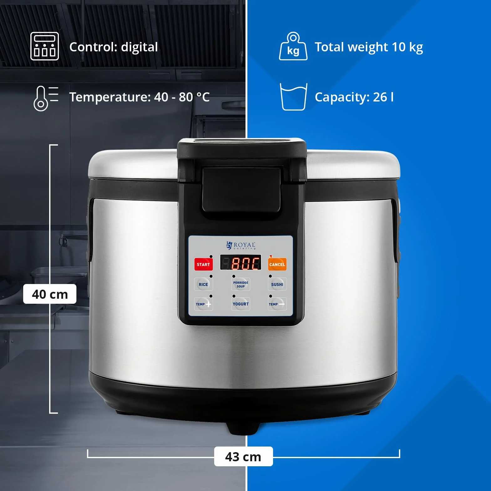 Royal Catering Reiswärmer 26 l 110 W 3 Heizzonen digitale Bedienung antihaftbeschichteter Gartopf inkl. Reislöffel Joghurtbereiter Suppenwärmer Speisenwärmer