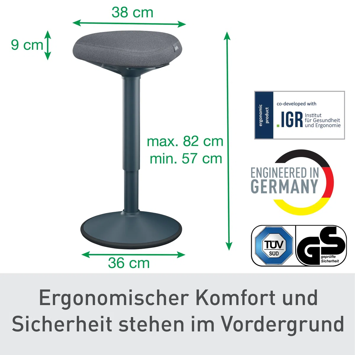 Leitz Ergo Active Stehhocker mit Dual Density Foam Komfortsitz, Bürohocker höhenverstellbar von 57 bis 82 cm, Sitzbezug aus 100% Recycling-Material, Für bis zu 110kg, Ergo-Serie, Dunkelgrau, 65450089