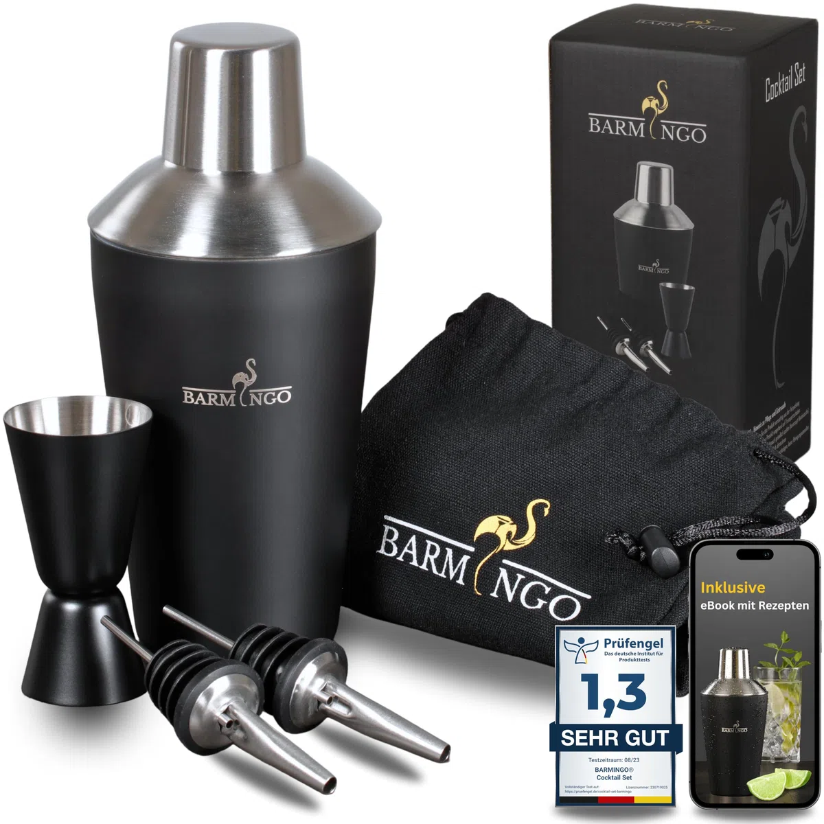 Cocktail Shaker Set [1,3 - SEHR GUT] - 500ml Edelstahl Cocktailshaker mit Bar Zubehör, Cocktail Set | Bar Set | Barkeeper Set | Cocktail Mix Set | Bar Geschenkset | Schwarz-Silber