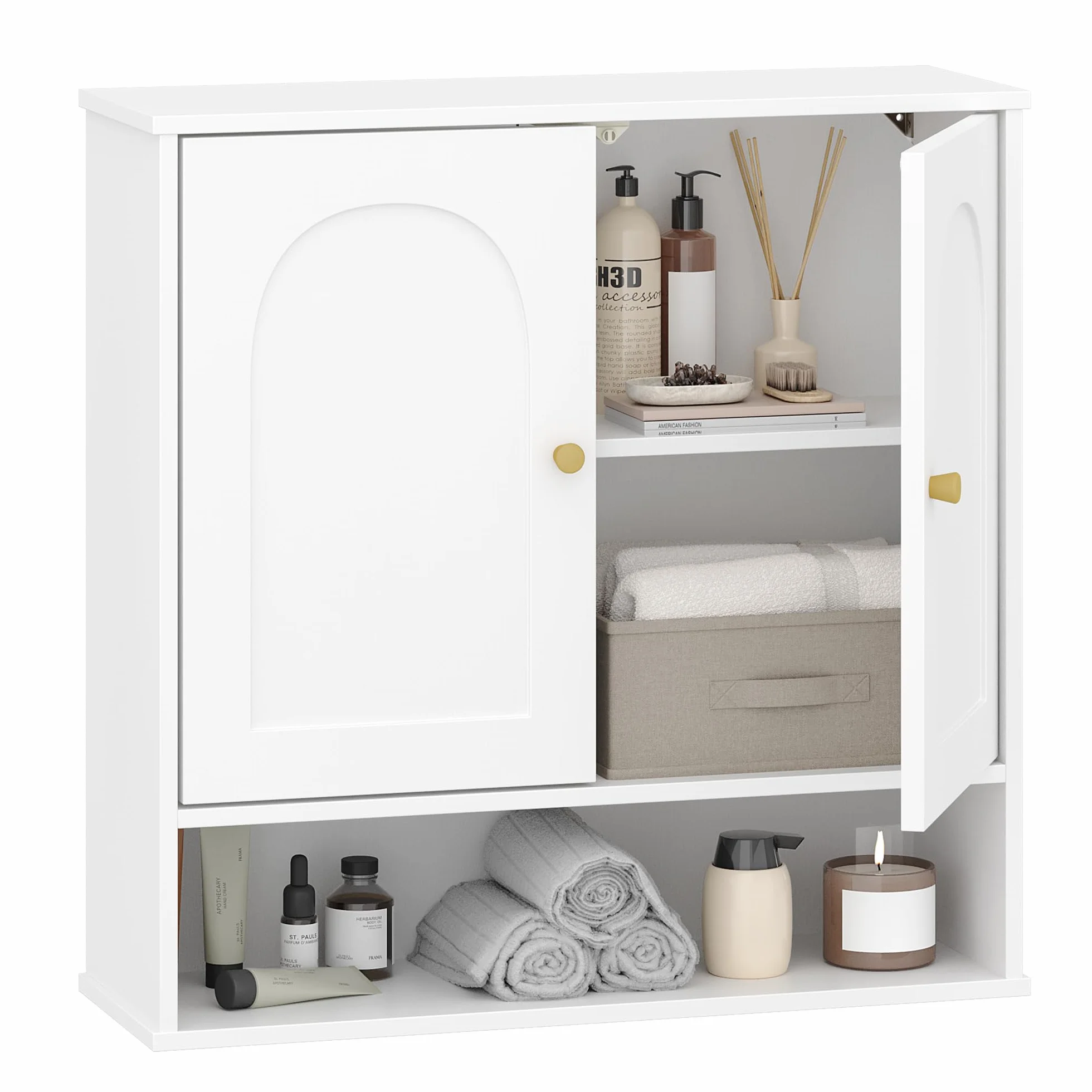 Hzuaneri Hangeschrank, Badezimmerschranke, Wandschrank für Toilette und über Waschbecken, mit 2 Türen, Offener Raum und Verstellbare Regale Medizinschrank, Weiß mit Holzmaserung BC40113X