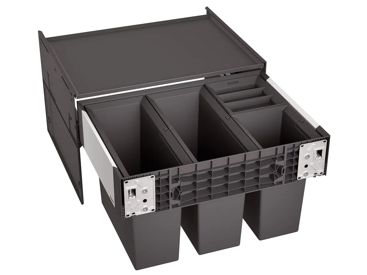 BLANCO SELECT II 60/4 | Abfall Müllsystem | für 60 cm breite Unterschränke | Auszugssystem zur Frontanbindung | 2 x 15l und 2 x 6l Eimer | 1 x Eimerdeckel 6l | 400mm Auszugstiefe | [56,8x40x36,1 cm]