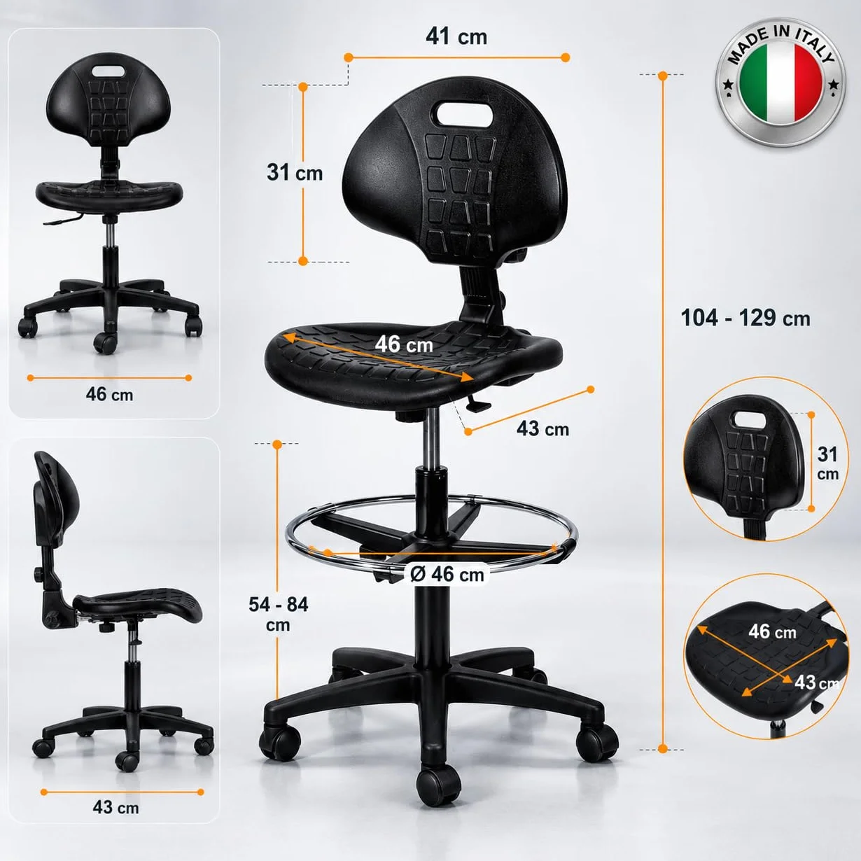 Topsit IND102 Arbeitsstuhl aus Polyurethan, ergonomischer Bürohocker, Werkstattstuhl, höhenverstellbar und mit Verstellbarer Rückenlehne, leicht zu reinigen, Stabiler Stuhl mit verstellbarem Fußring.