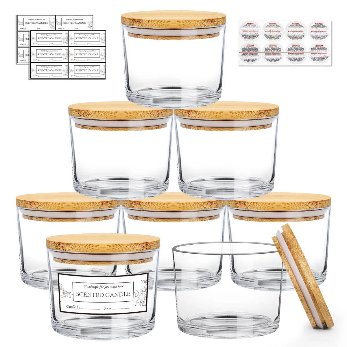 CONNOO 8 Stück 350 ml Kerzengläser aus transparentem Glas zur Kerzenherstellung mit luftdichten Bambusdeckeln - Schöne selbstklebende Warnaufkleber zur Herstellung von