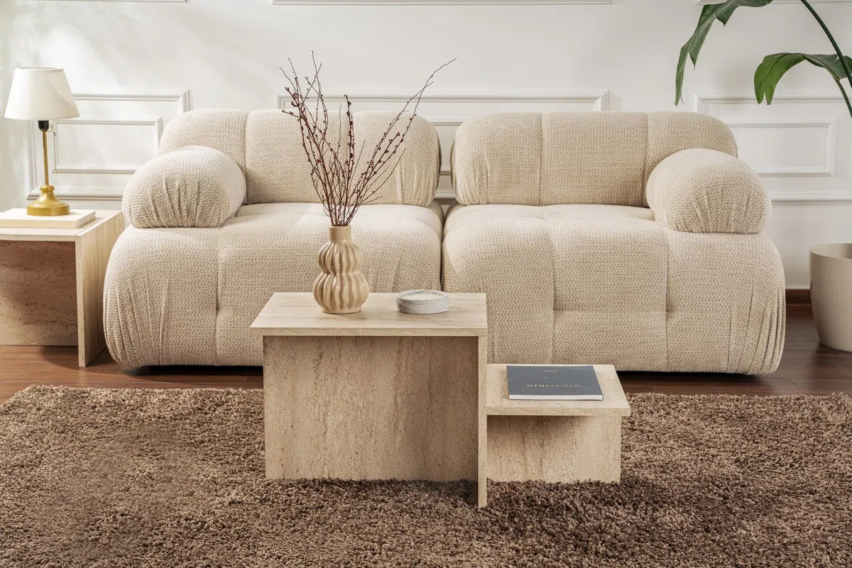 Moderner rustikaler Couchtisch, Travertin, 80 x 40 x 40 | aus 100% melaminbeschichteter Spanplatte, Stärke: 18 mm | perfekt für modernes Homeoffice & Arbeitszimmer, Elegantes & funktionales Design