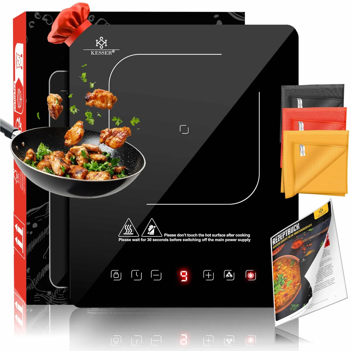 KESSER® Induktionskochplatte Induktionskochfeld 1 Platte 2100W Tragbares 28cm Kochplatte + 3x Mikrofasertuch + 1x Rezeptbuch, 9 Heizstufen, 8-Stunden-Timer, Touch-Steuerung, Booster-Funktion 220-240V