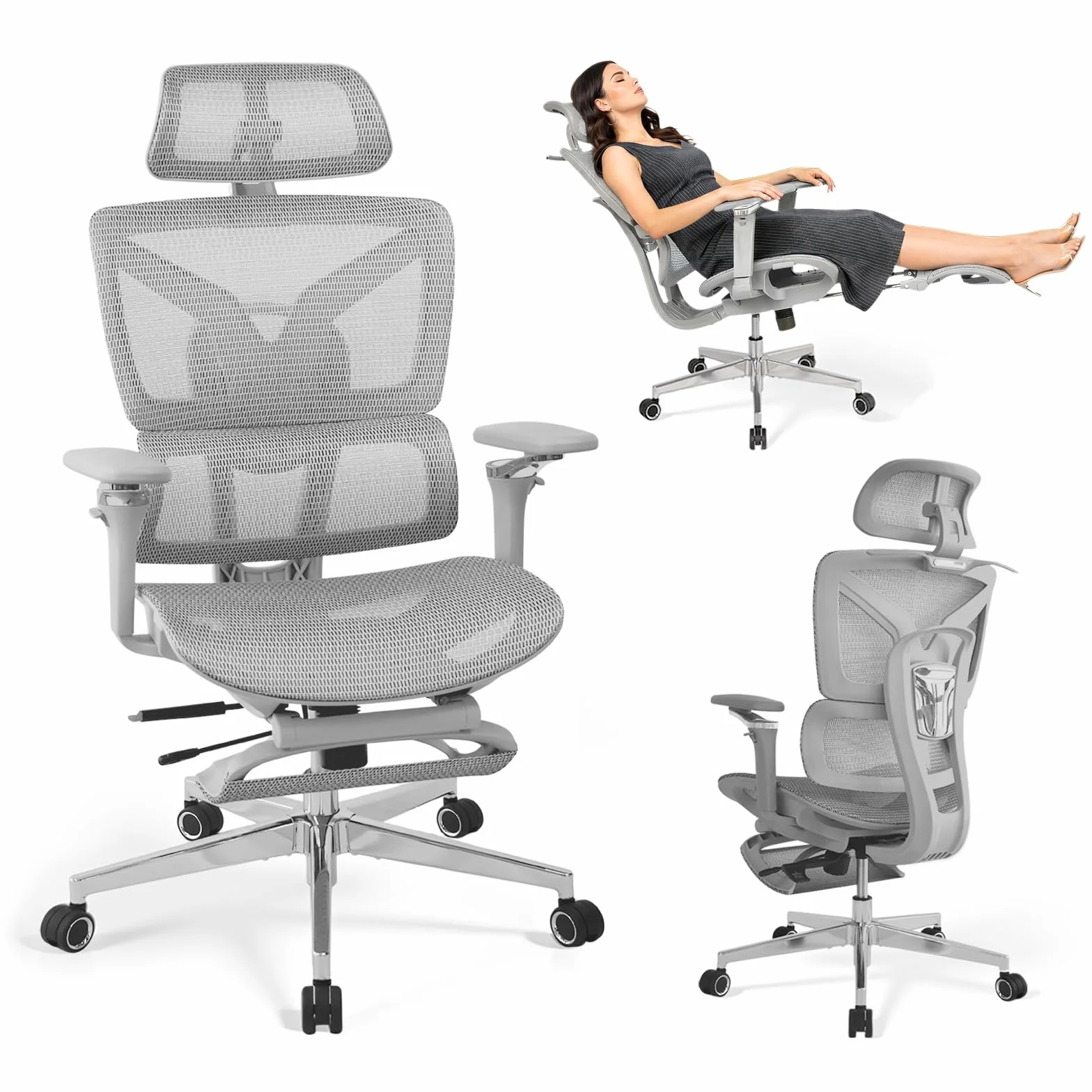 Ergonomischer Bürostuhl Große und Schwere mit Fußstütze, 5D Verstellbare Armlehnen, Lendenstütze, Netz-Rückenlehne, Verstellbare Sitztiefe, Drehbarer Gaming Stuhl Grau