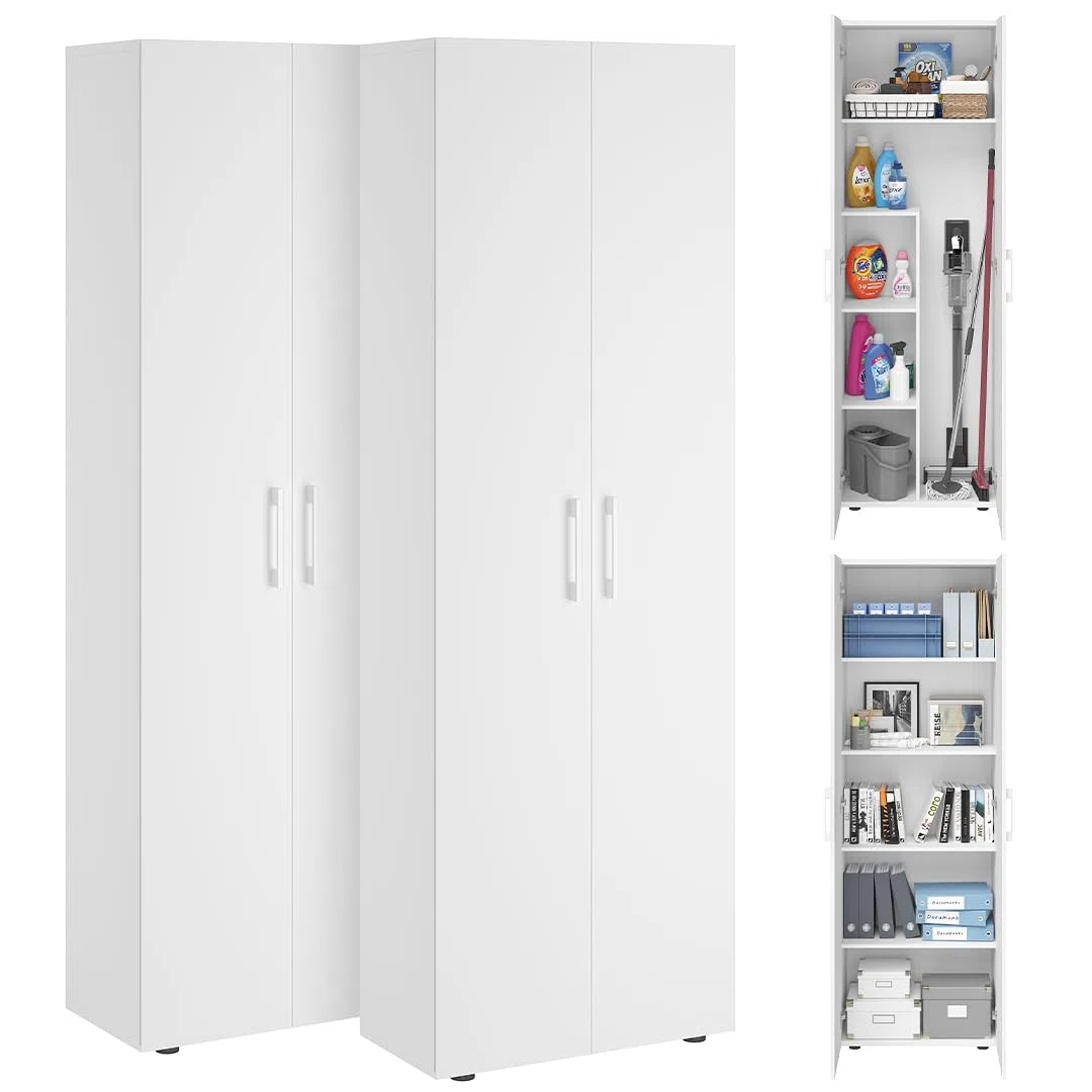Bellamio Mehrzweckschrank Set 2-teilig – Schrank-Set mit Aktenschrank & Besenschrank in Weiß – Vorratsschrank mit Staubsaugerfach – Haushaltsschrank Holz 60 cm breit – Allzweckschrank 2 Stück