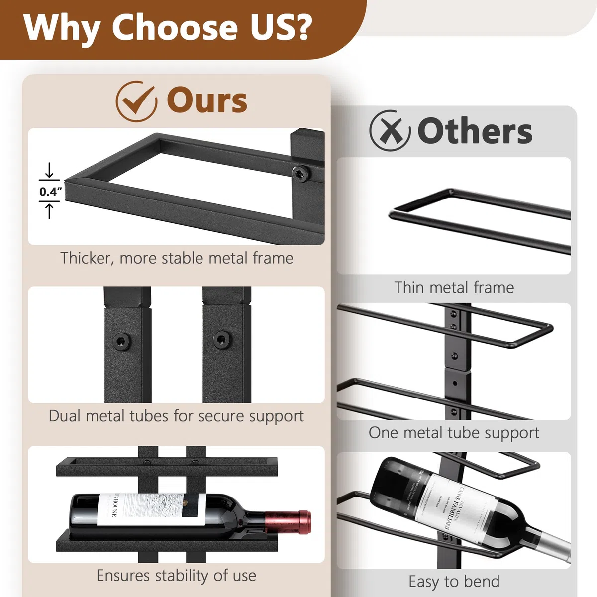 Hoctieon Weinregal Wand, Flaschenregal mit 8 Ebenen 2 Set, Metall Weinregal Hängend Weinflaschenregale Schwarz für Esszimmer, Weinkeller, Schlafzimmer