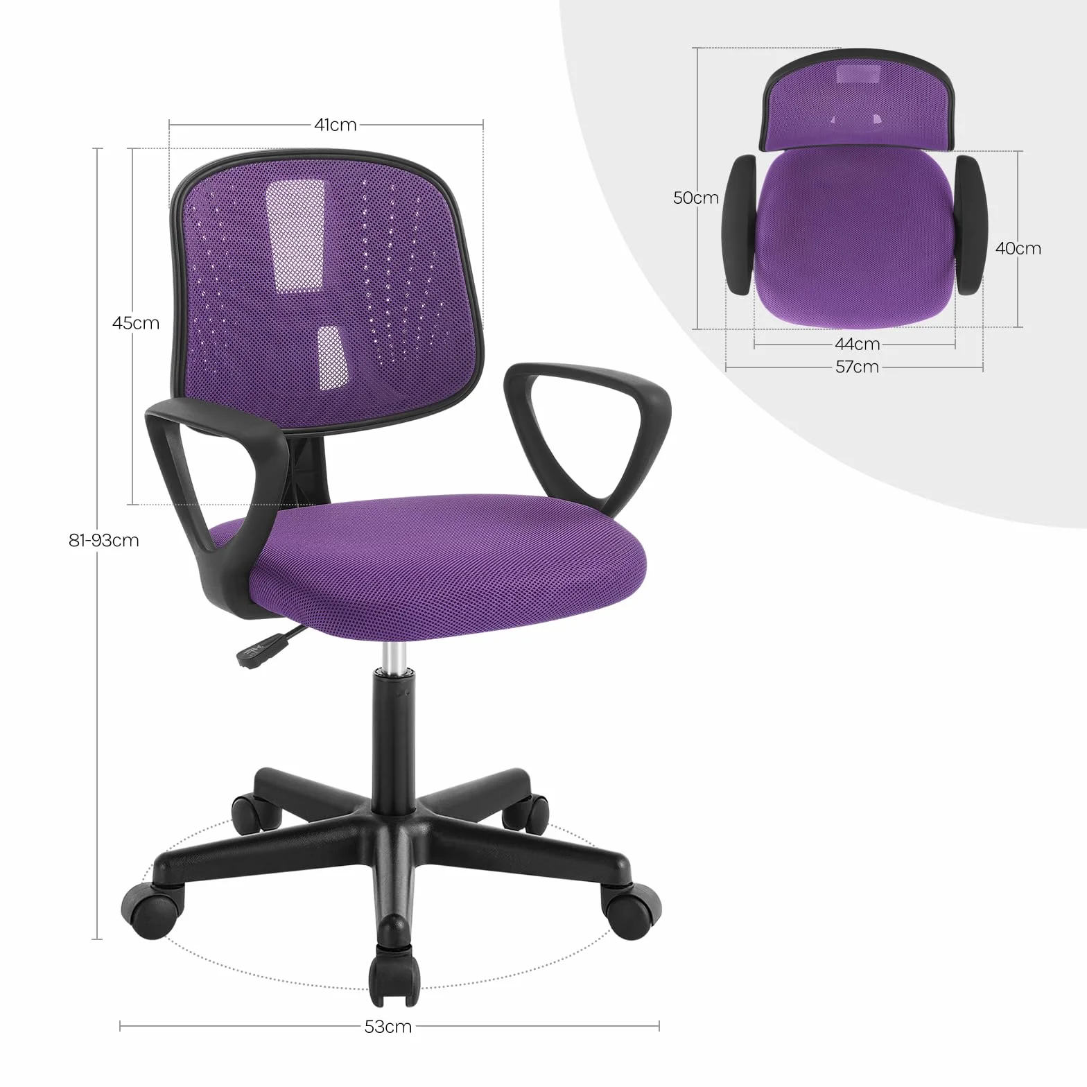 Schreibtischstuhl Kinder, Kinderschreibtischstuhl ergonomisch, Drehstuhl Kinderstuhl höhenverstellbar, mit Rollen Armlehnen, atmungsaktive Netzstoff-Rückenlehne, Lila