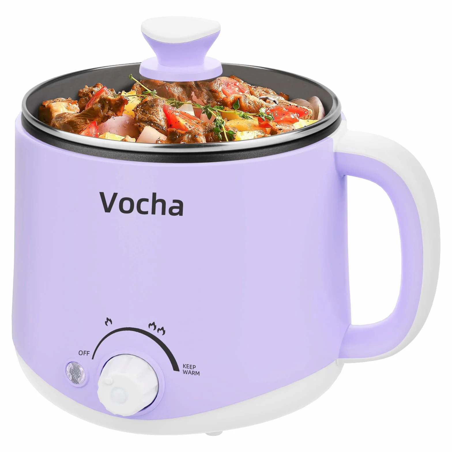 Vocha Elektrische Hot Pot, 1.6L Kleiner Kochtopf mit Warmhaltefunktion, Tragbare Schneller Suppentopf, Multi Reisekocher für Suppe/Ramen/Pasta/Haferflocken/Ei, mit Dual Power (Violet)