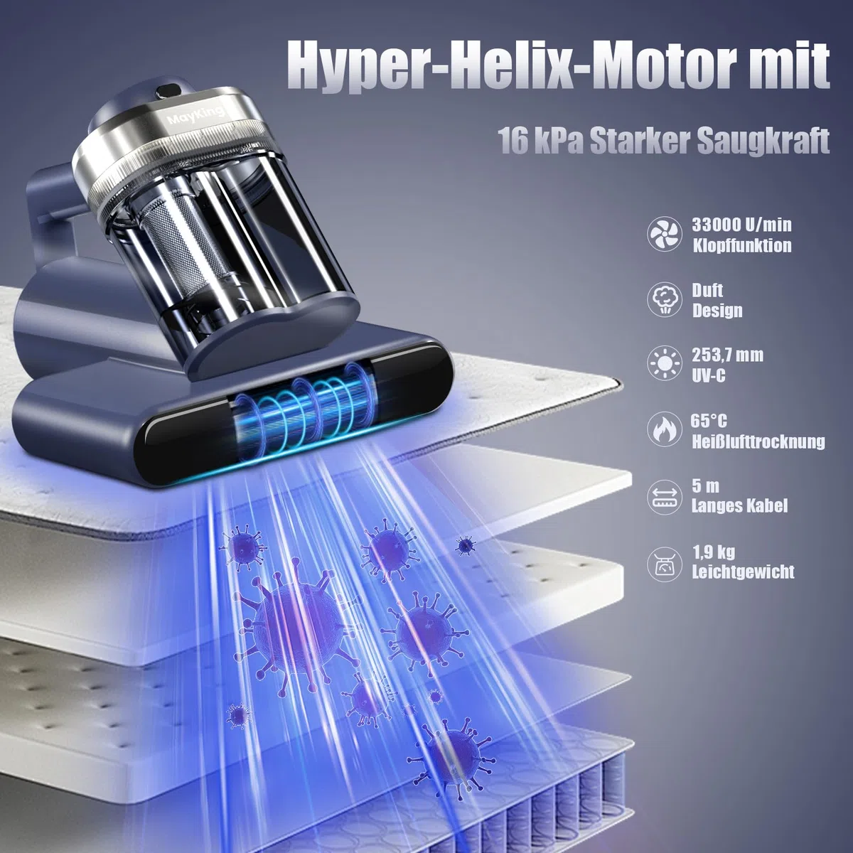 Milbensauger mit UV Licht, Matratzensauger mit 16kPa, 99,9% Allergen-Entfernung, HEPA & 65℃ Heißluft, Ultraschall, Aromatherapie, Dual-Cup Design Matratzenreiniger für Bett/Sofa/Teppich/Allergiker