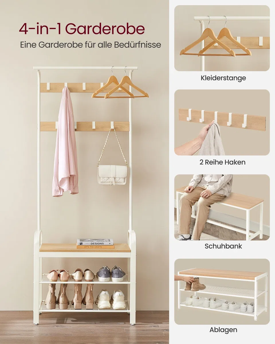 VASAGLE Garderobenständer, Garderobe, mit Schuhbank, 4-in-1 Design, 9 abnehmbare Haken, Kleiderstange, Eingangsbereich, Flur, 33,7 x 72 x 183 cm, modern, eichenfarben-weiß HSR40W