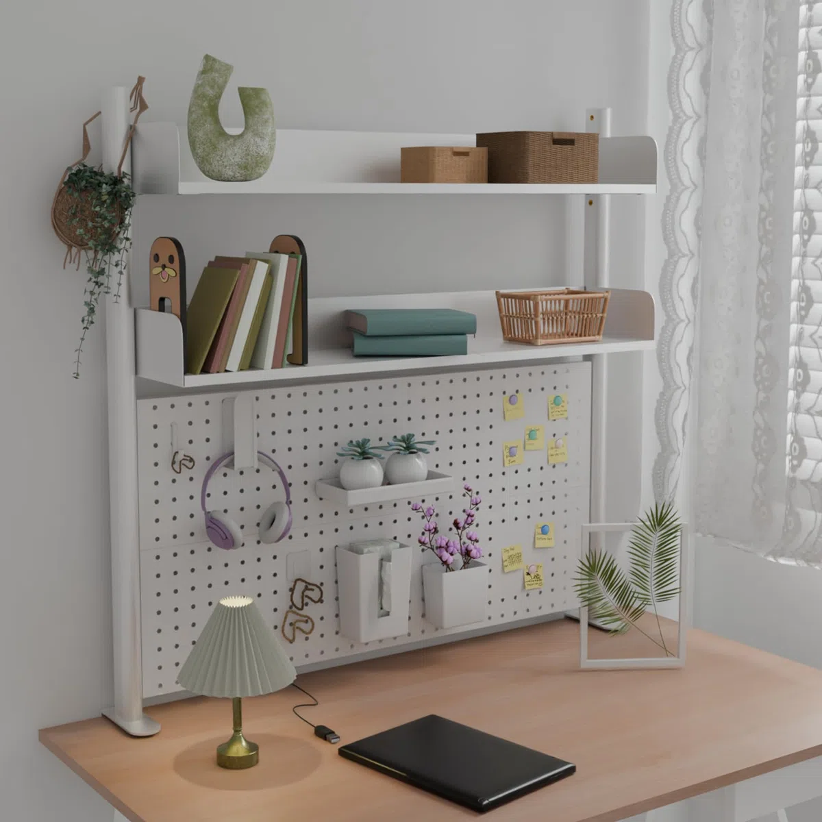 Schreibtischregal mit 2 Ebenen, zum Anklemmen, weiß, 100 cm, Bücherregal mit Lochwand, Aufbewahrungsorganisator für Zuhause, Büro oder Wohnheim