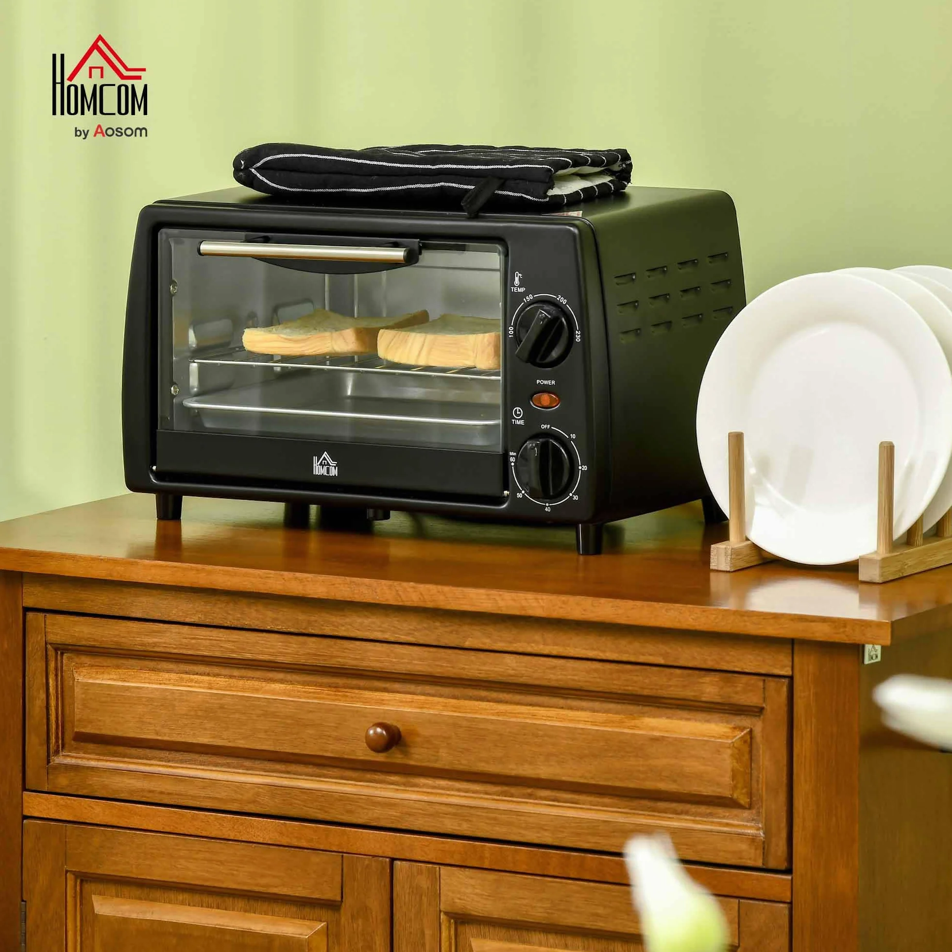 HOMCOM Mini Backofen 10 L 750W 100-230℃ 60 Min. Timer mit Backblech, Grillrost und Herausnehmbarer Bodenschale, Pizza-Ofen, Schwarz