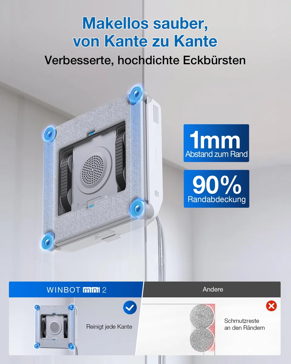 ECOVACS WINBOT Mini 2 Fensterputzroboter mit Eckbürsten & Ultraschallzerstäubung, Ultraschlank & Leicht für Schmale Fenster, Smarte Navigation, 6 App-Modi, 10-Stufiges Sicherheitssystem
