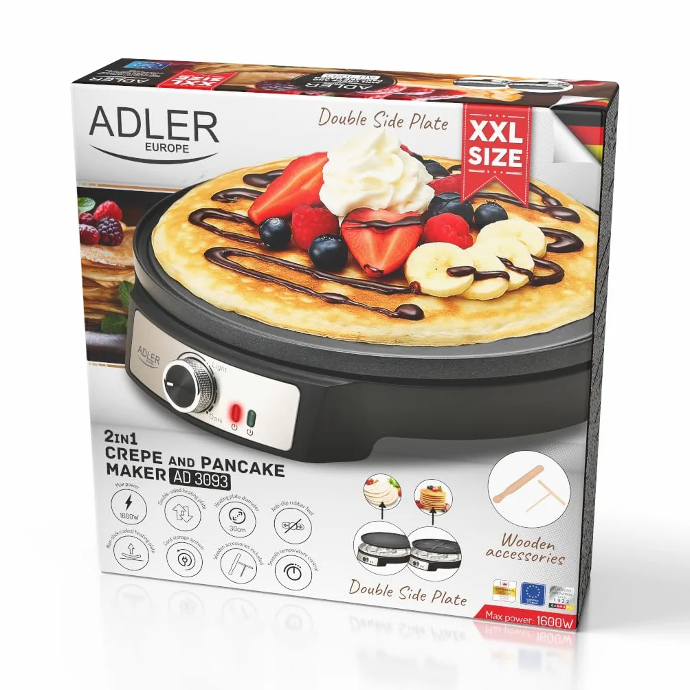 Adler Crêpe Maker [Ø 30cm] elektrisch mit Teigverteiler & Wender | Pfannkuchen Maker Platte mit Antihaftbeschichtung + stufenloser Temperaturregelung | 1600W Pancake Maker mit Edelstahlgehäuse
