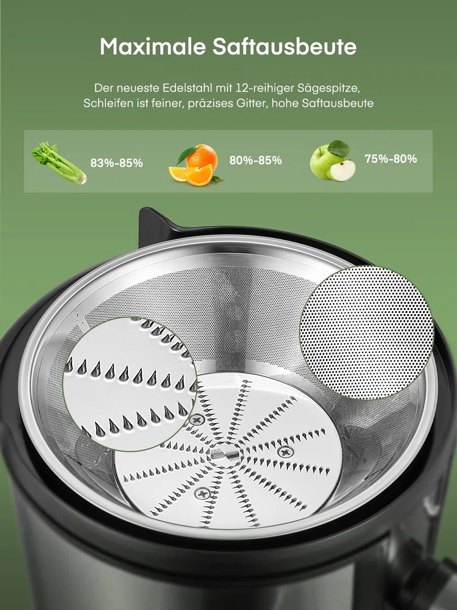 Juilist Entsafter Gemüse und Obst 800W, Edelstahl Saftpresse mit 75mm Einfüllöffnung, 2 Geschwindigkeitsstufen, 1100ml Saftbehälter, Einfach zu Reinigen, inkl. Bürste & Rezeptbuch