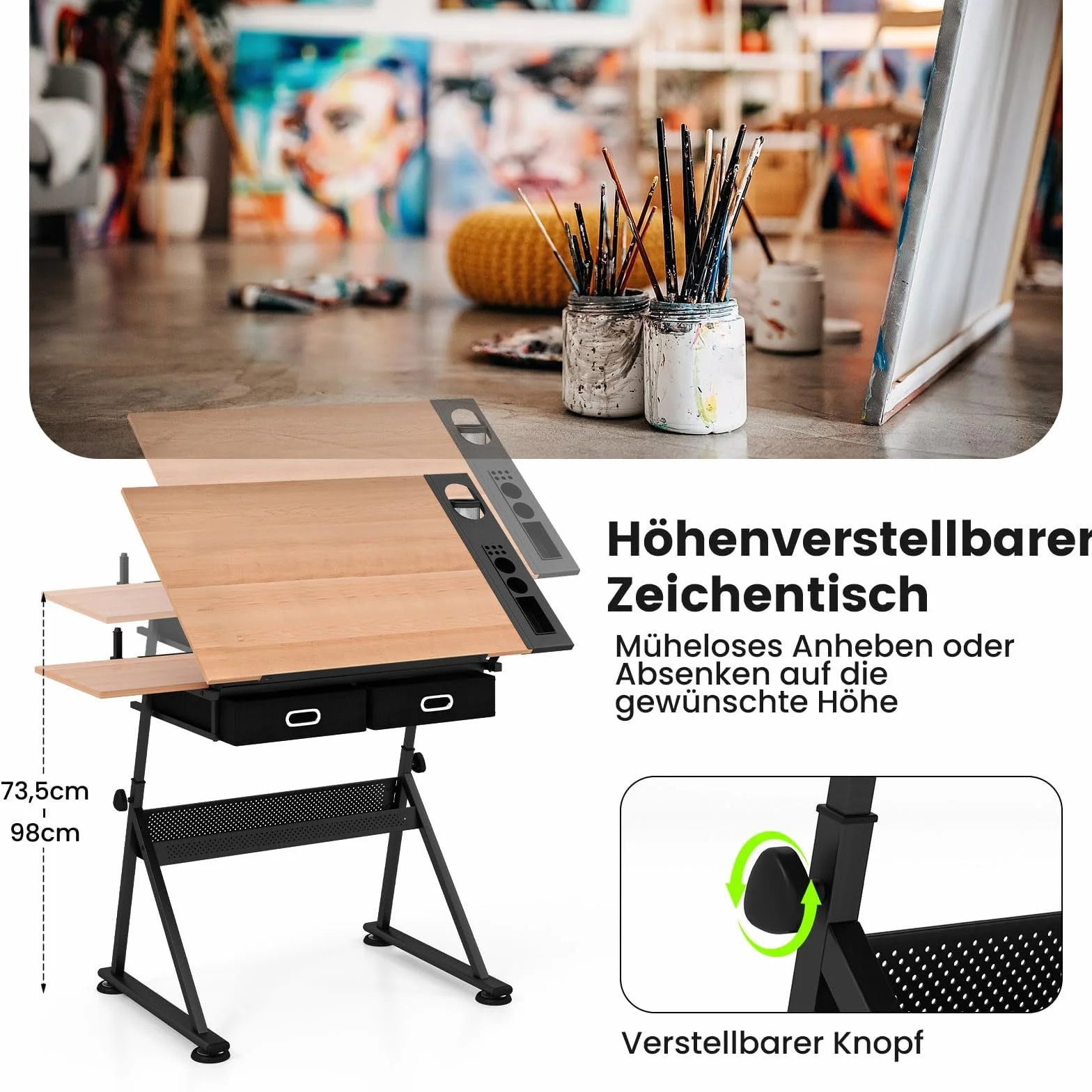 FANTASK Zeichentisch mit Hocker, Architektentisch höhenverstellbar, Schreibtisch mit neigbarer Tischplatte, Schülerschreibtisch mit 2 Schubladen, Arbeitstisch für Architekt & Künstler (Natur)