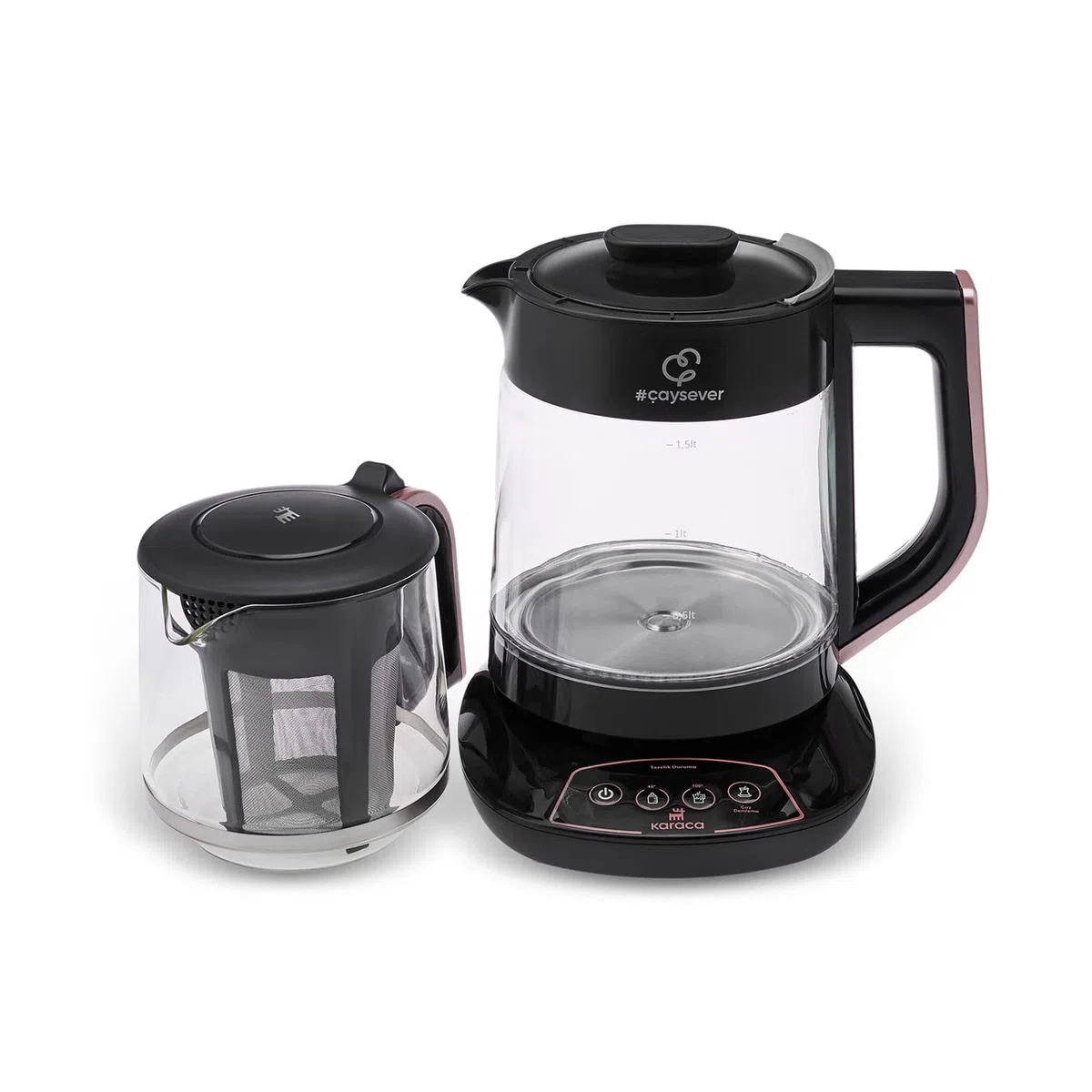 Karaca Çaysever 3-in-1 Glas-Teemaschine, Wasserkocher & Babynahrungswärmer, 1700W, Roségold, 0,8L Glasteekanne, 1,5L Wassertank, Englische Sprachfunktion, BPA-freing