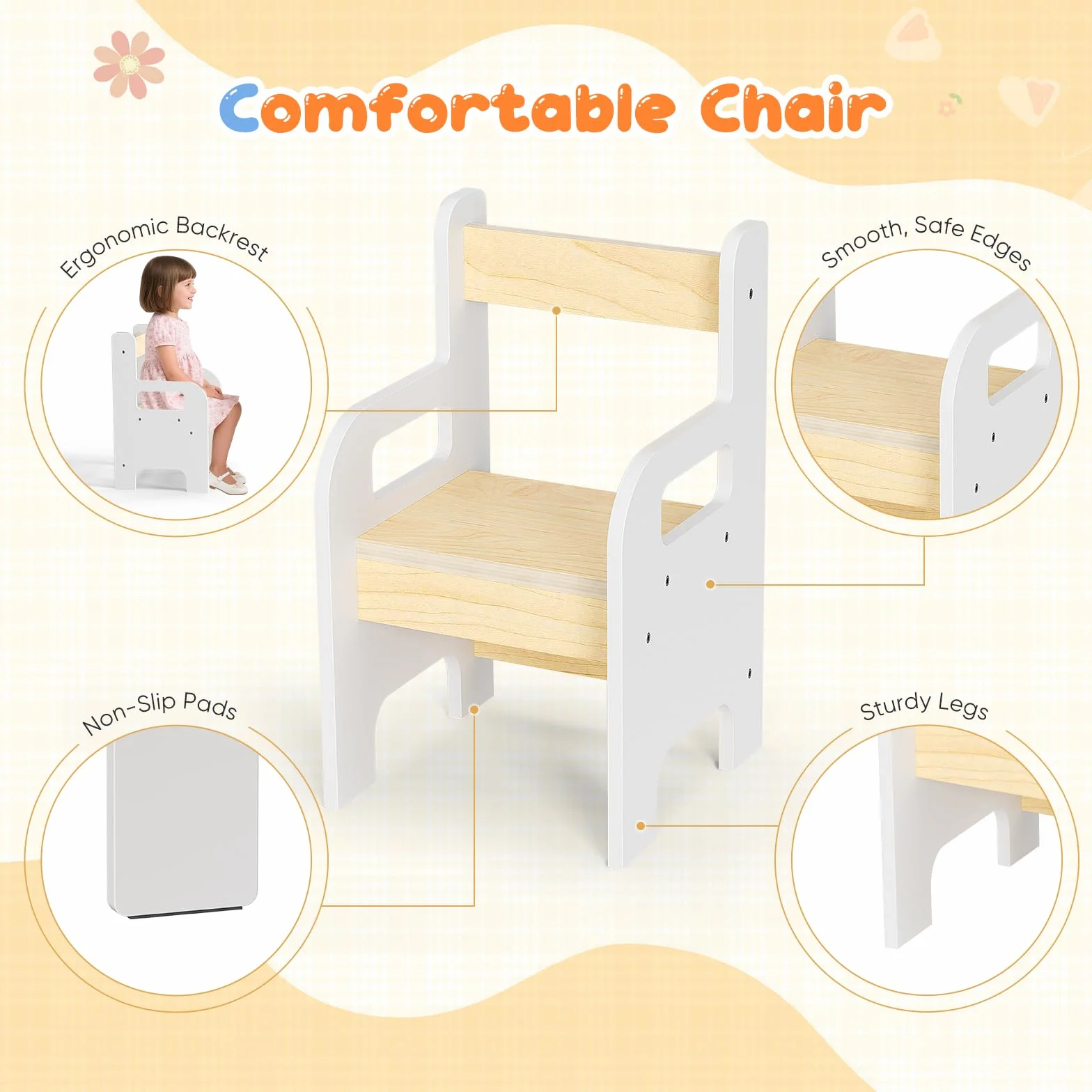 Kindertisch Stuhl Set mit 2 Stühlen, Multifunktionaler Spieltisch mit Tafel, Holz Lernmöbel mit Stauraum, Ergonomischer Kindertisch für Lernen Malen Spielen Weiß Naturholz
