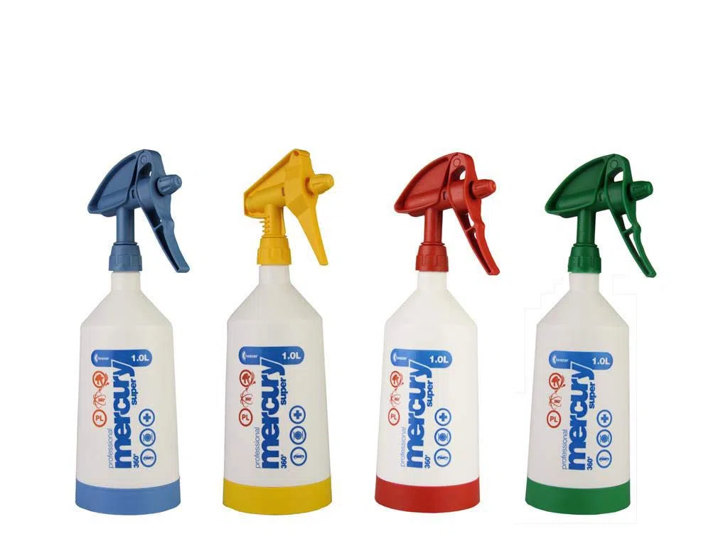 4 Kwazar Mercury Super PRO+ 360 Grad Überkopf Sprühflasche mit VITON Dichtungen 1,0 Liter blau rot gelb grün inkl. Deutscher Anleitung und Pflegehinweise von detailmate