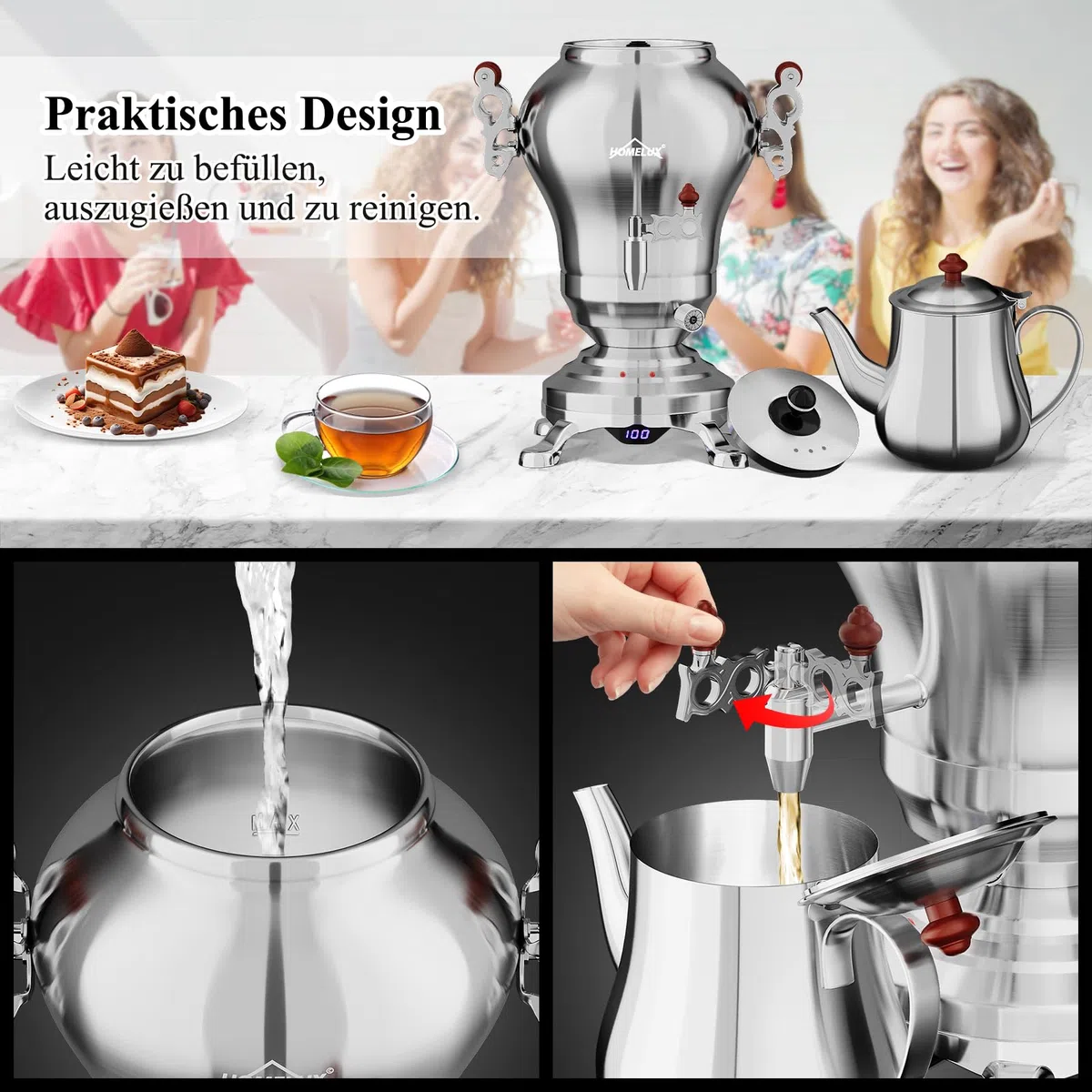 HOMELUX Elektrischer Samoware Edelstahl, 1850 Watt Teemaschine Wasserkocher 2.5L +1.2L Teekannen Set Großer Teekocher mit Warmhaltefunktion eingestellte Temperatur, Ablasshahn für Gastrobetriebe