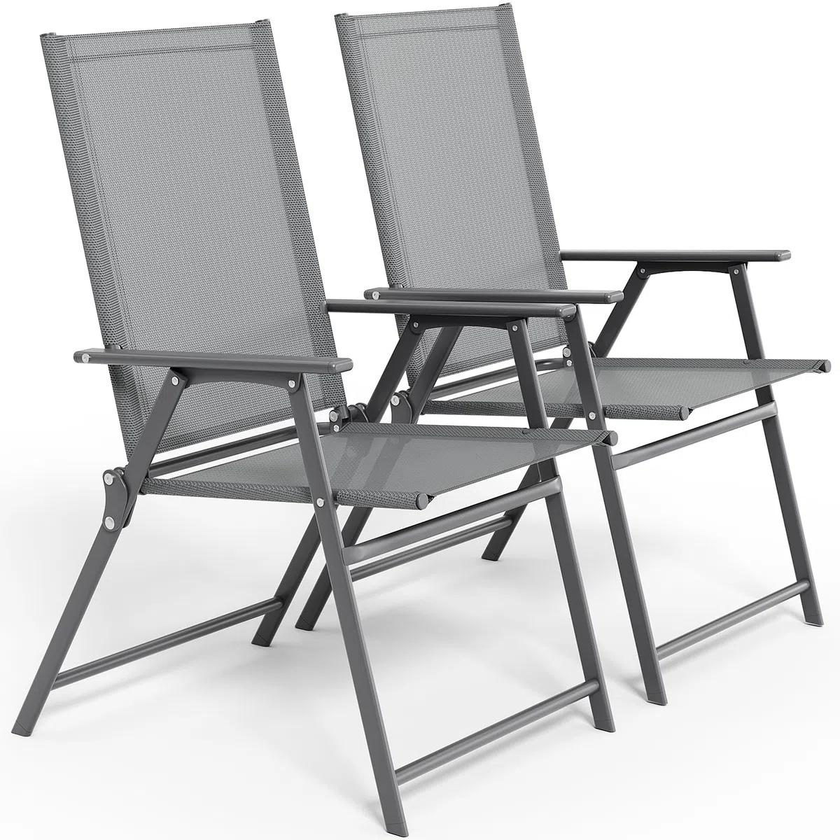 LIFERUN Gartenstühle 2er Set, Klappstühle mit Rückenlehne Armlehnen, Metall Gestell, Bis 120kg Belastbar, Leicht Klappstuh für Camping, Garten, Terrasse und Balkon, Dunkelgrau