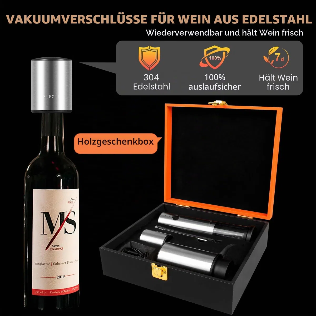 Elektrischer Weinkorkenzieher 4-in-1 Geschenkbox Set mit Automatischer Weindekanter & Weinöffner, Vakuumstopfen, Kapselschneider - USB-C Schnelladung für Weinliebhaber