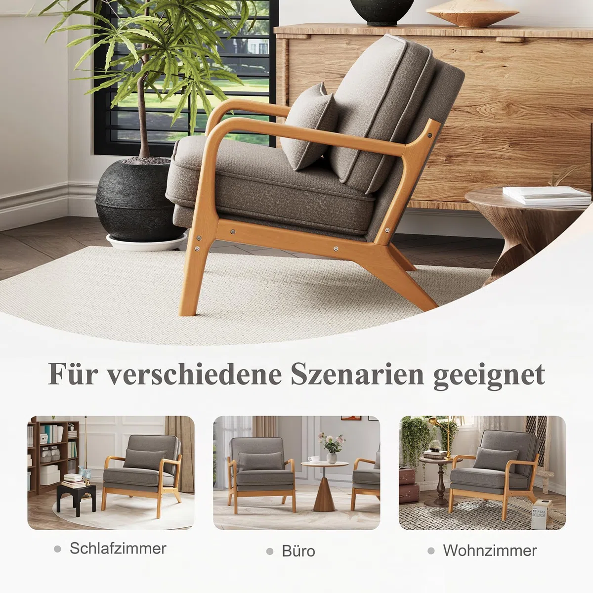 COLAMY Sessel Wohnzimmer Mid-Century Modern 2er Set, Loungesessel mit Lendenkissen, Massivholzrahmen & weichem Polster, bequemer Lesesessel für Wohnzimmer und Schlafzimmer, grau