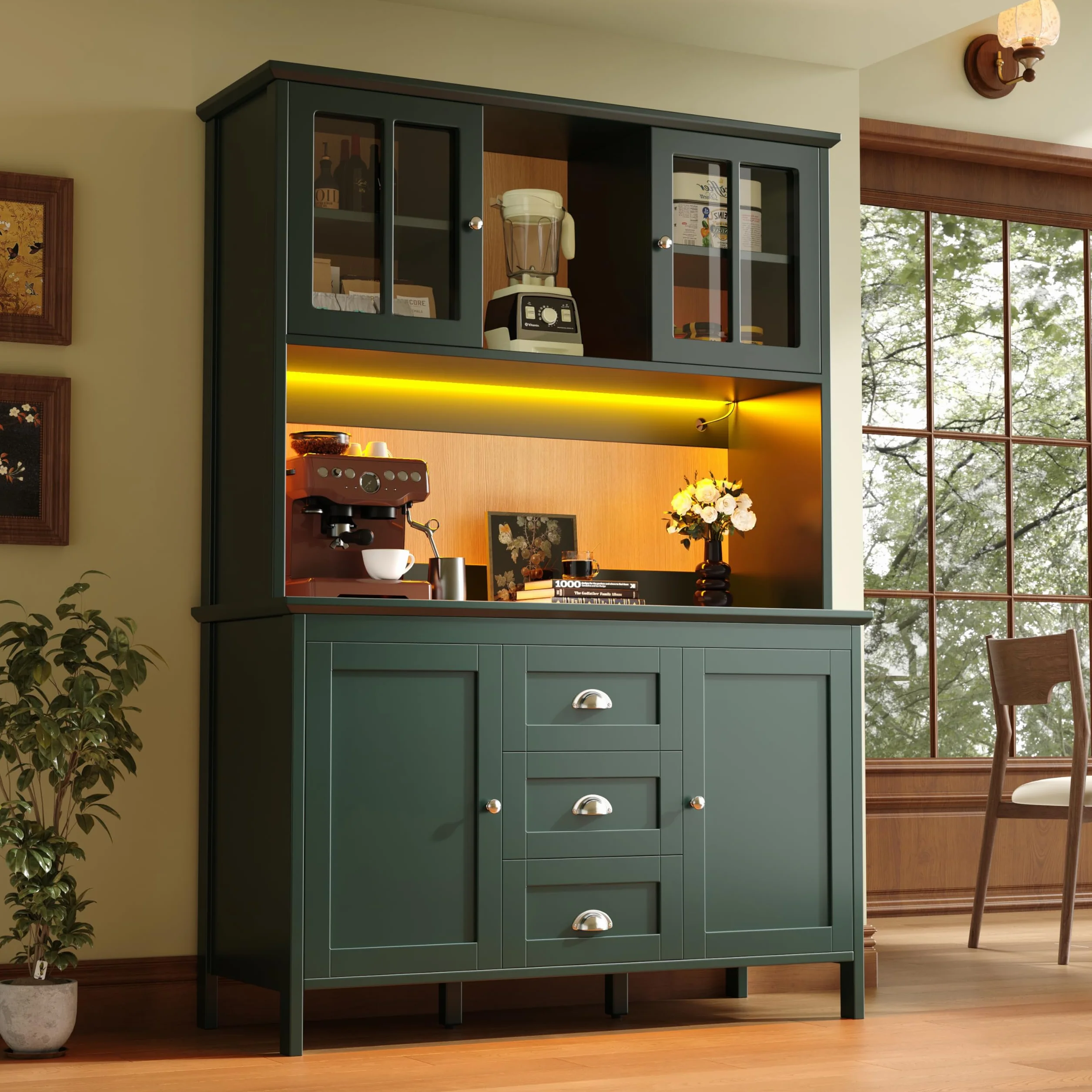 Küchenschrank mit LED-Beleuchtung und Verstellbare Füße, Hochschrank mit Schublade und Aufbewahrungsschrank, Buffetschrank mit Braunen Glastüren, Grün-C, 120x40x179 cm