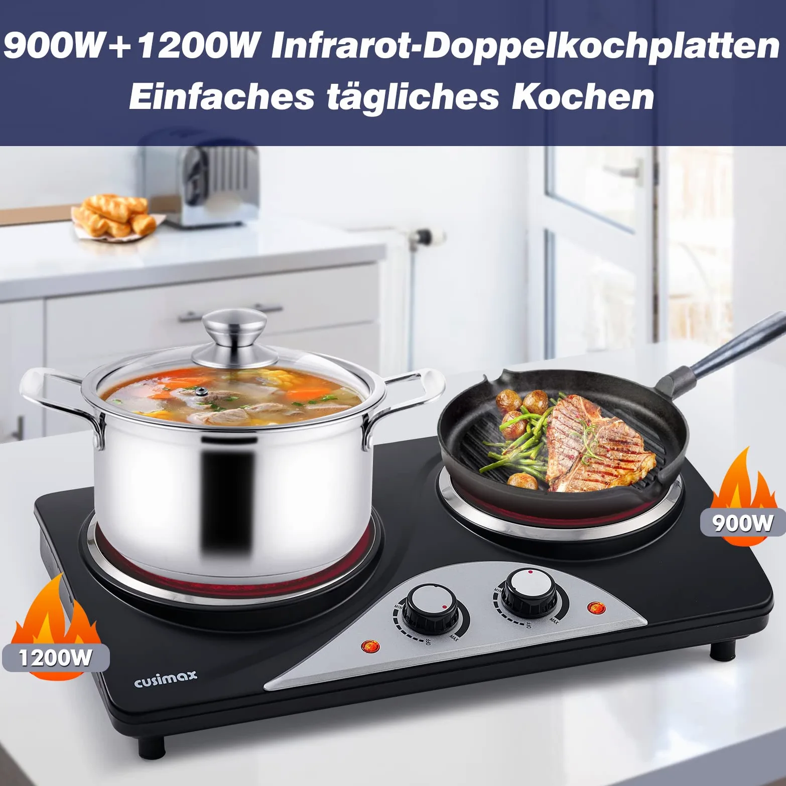 Doppelkochplatte, CUSIMAX 2100W kochfeld 2 platten mit Infrarot-Wärme, mobile herdplatte 2 kochfelder für camping, Edelstahl kochplatten 2er elektrisch mit einstellbarer Temperatur, Schwarz