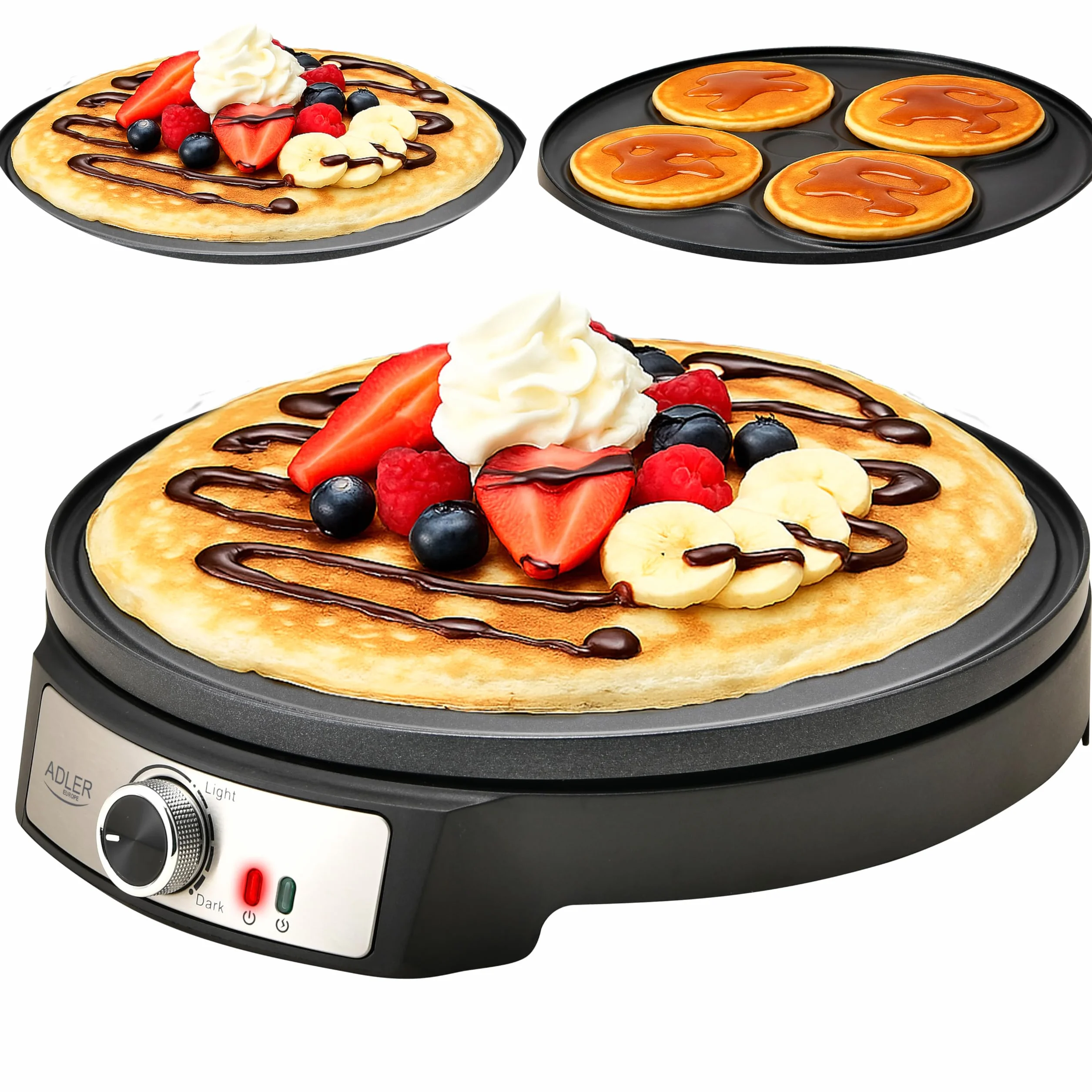 Adler Crêpe Maker [Ø 30cm] elektrisch mit Teigverteiler & Wender | Pfannkuchen Maker Platte mit Antihaftbeschichtung + stufenloser Temperaturregelung | 1600W Pancake Maker mit Edelstahlgehäuse