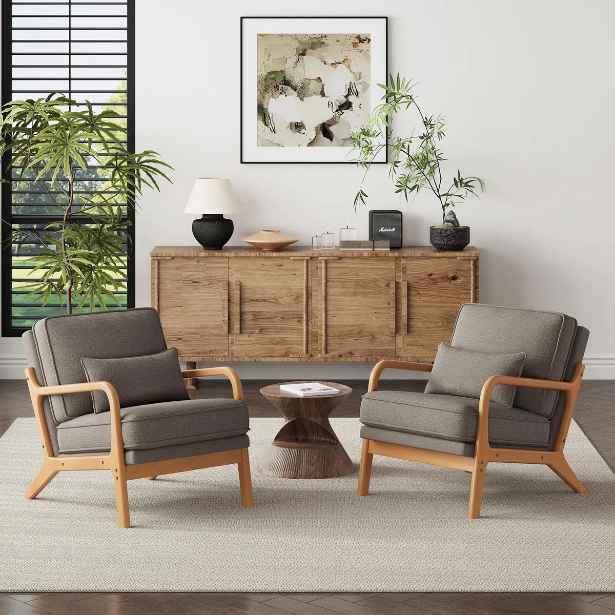 COLAMY Sessel Wohnzimmer Mid-Century Modern 2er Set, Loungesessel mit Lendenkissen, Massivholzrahmen & weichem Polster, bequemer Lesesessel für Wohnzimmer und Schlafzimmer, grau