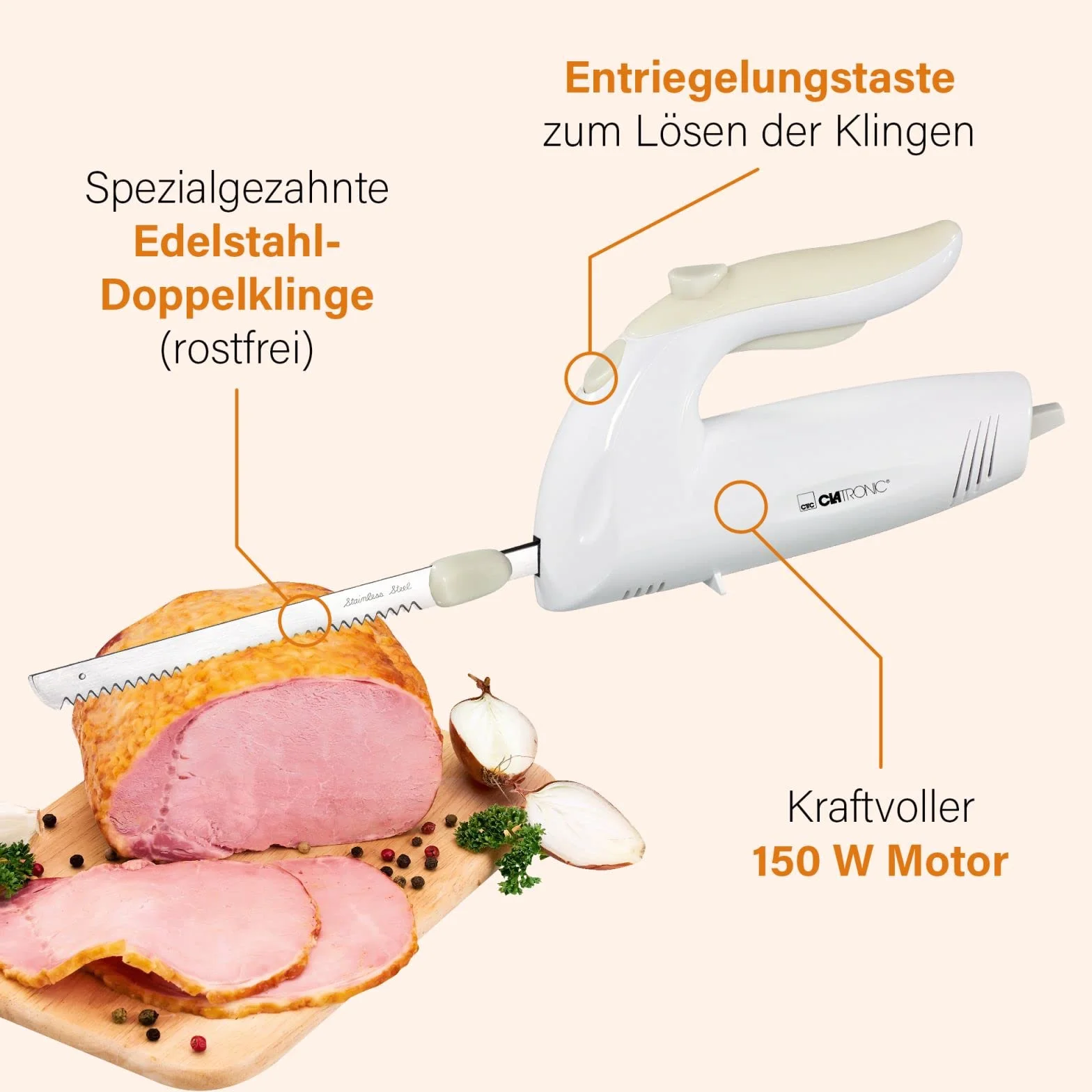 Elektrisches Messer 150 Watt - elektrisches Messer für Fleisch spülmaschinenfest - Doppelklingen Messer elektrisch - elektronisches Messer Profi mit Pflegetuch - Edelstahl Elektromesser