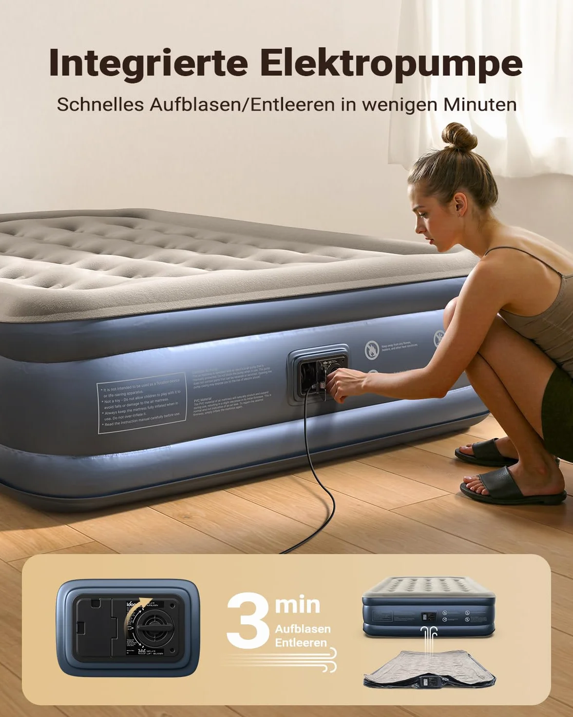 iDOO Luftmatratze Selbstaufblasend, Luftbett 2 Personen, Aufblasbare Matratze, Gästebett mit Elektrischer Luftpumpe, Aufblasbares Bett Schnelles in 3 Minuten Aufblasen für Camping 152x203x46cm