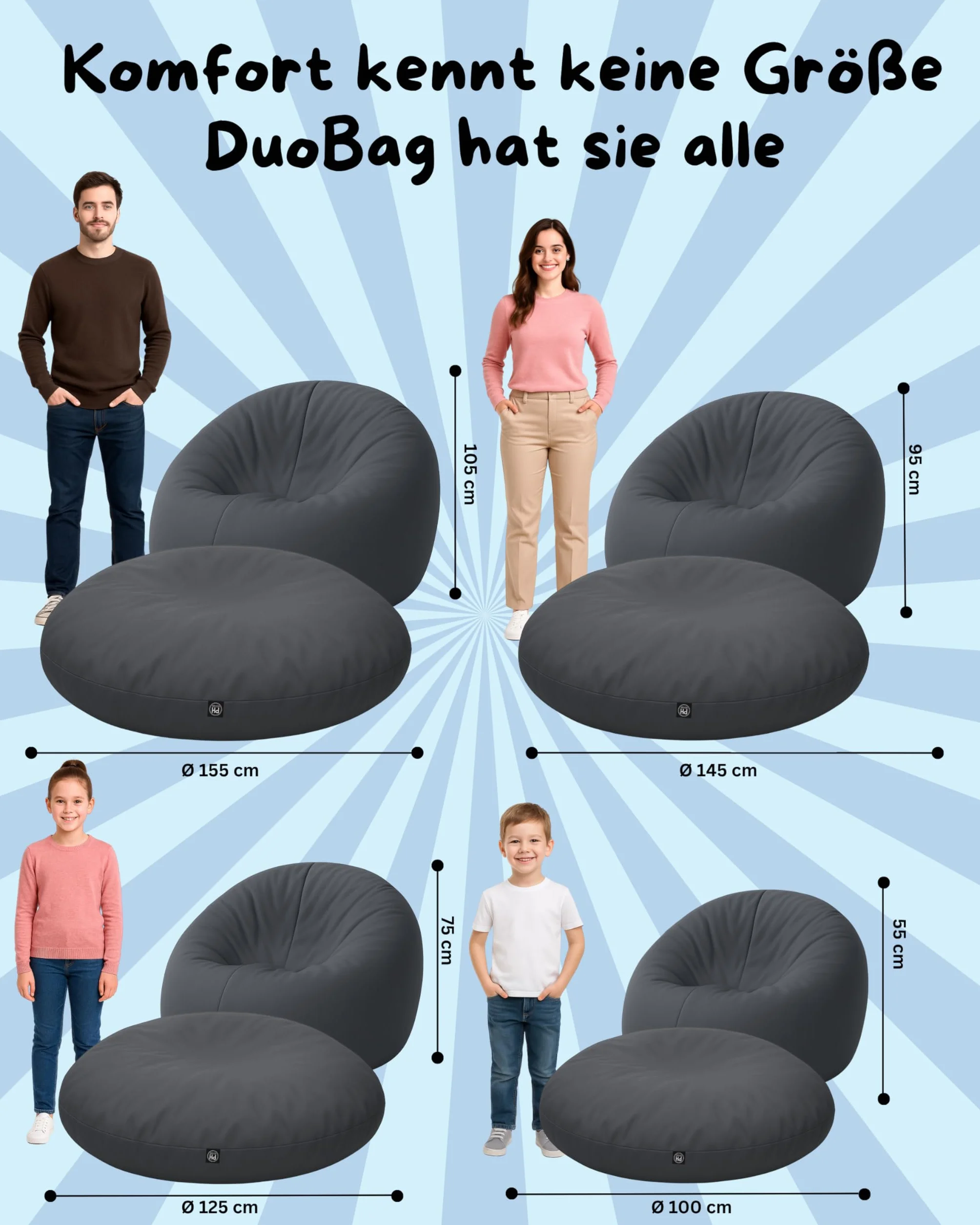 PATCH HOME 2 in 1 Funktion Sitzsack Sessel Bean Bag Sitzsäcke Gaming mit Reißverschluss bereits befüllt - Ø 125cm -Anthrazit