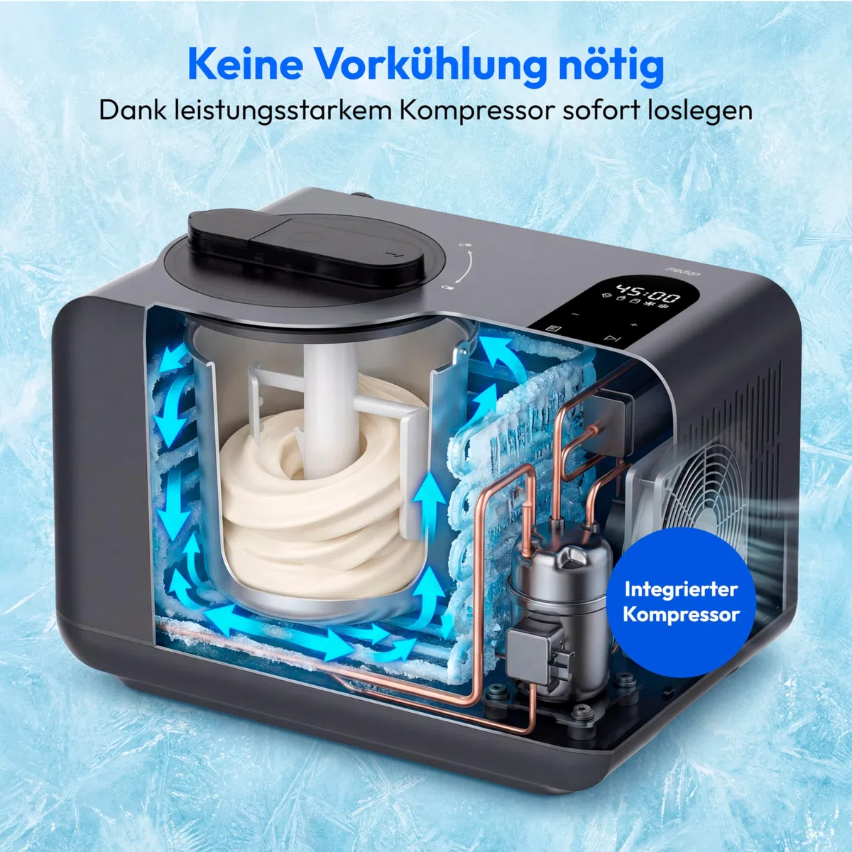 MEDION Eismaschine mit Kompressor 1,5 Liter, Eiscreme Joghurt & Slush ohne Vorkühlen, Touch-Display, MD 100087