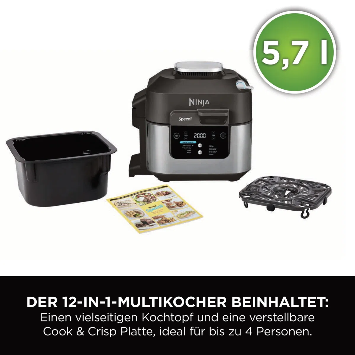 Ninja Speedi Multikocher, 5,7L, 12-in-1 Multicooker, Air fryer Heißluftfritteuse, Slow Cooker Langsamkochen, Grillen, Backen, Schwarz ON500EU