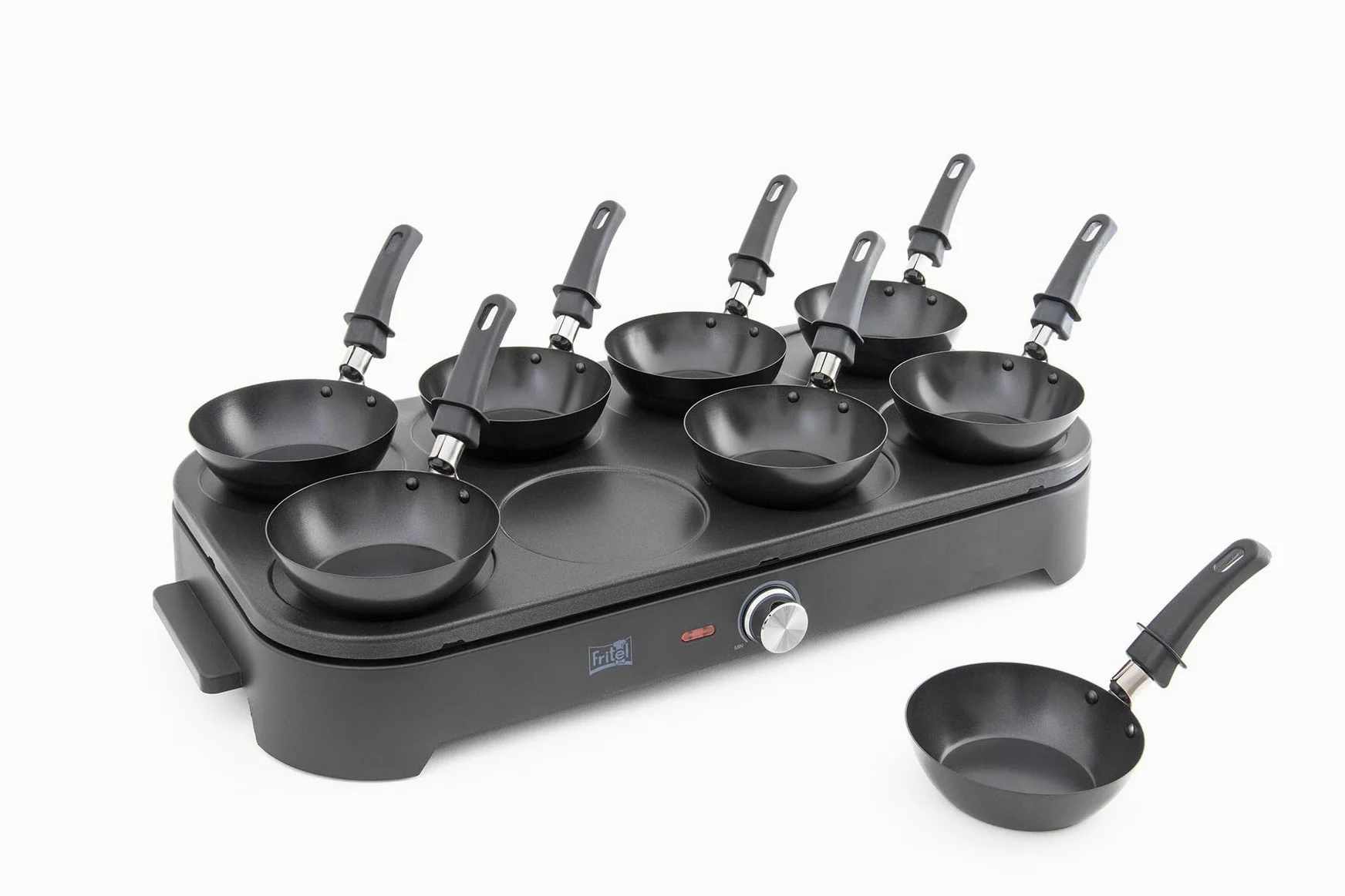 FRITEL Gourmet Wok Pancake GWP 2560 – Wok-Set/Pfannkuchenmaker – Party-Set – 1500 W – 8 x 15 cm – 1 bis 8 Personen + 8 Wok-Pfännchen & Spatel – PFAS-frei