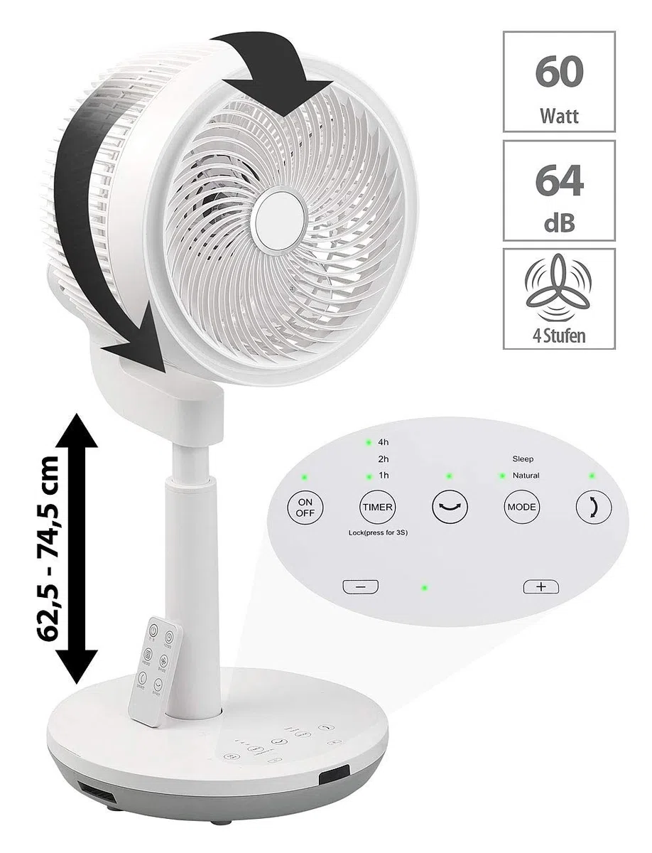 Sichler Haushaltsgeräte Stehventilatoren: Höhenverstellbarer 3D-Raumventilator & Luftzirkulator, Ø 22 cm, 60 W (Ventilator 3D, Stand-Ventilatoren, Mini)